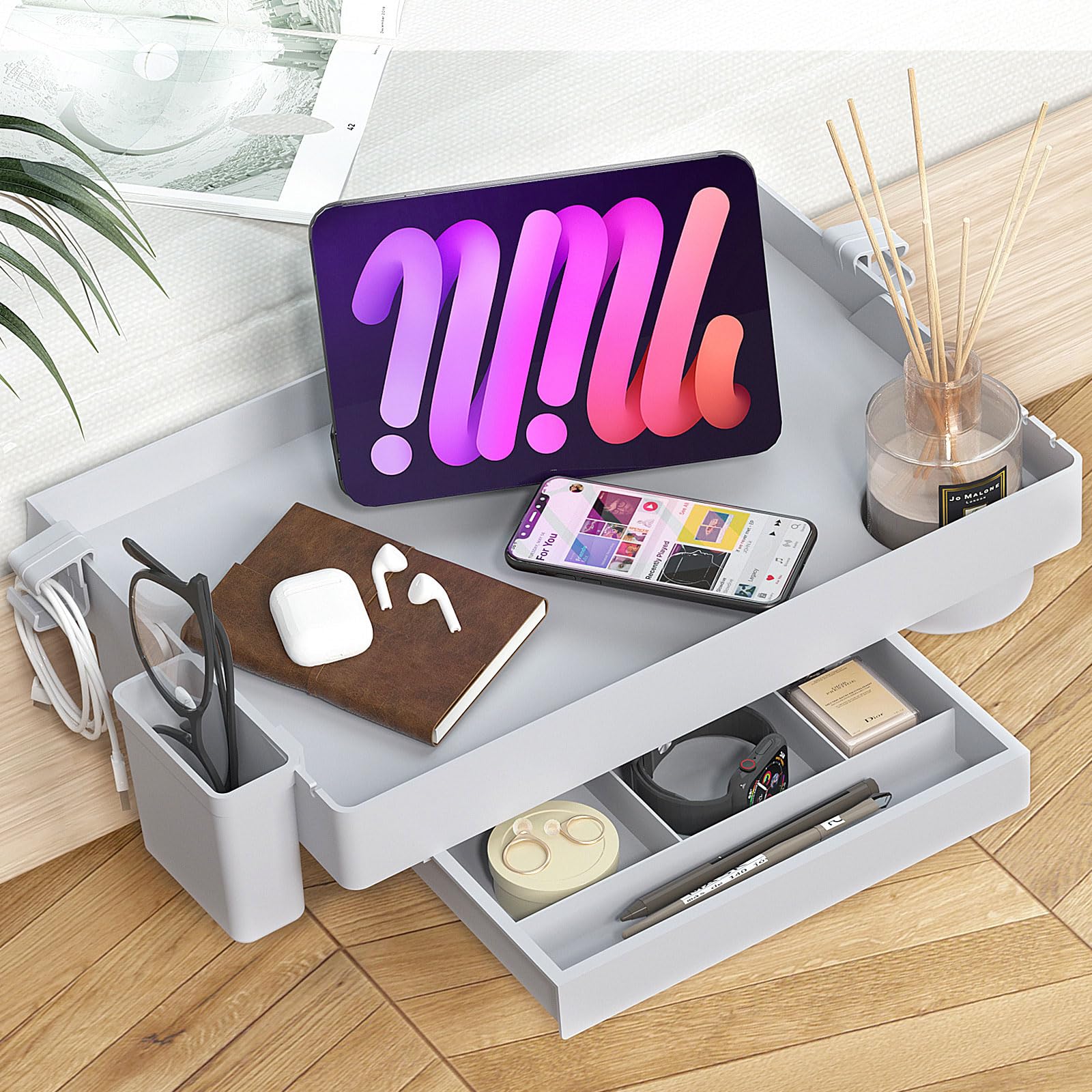 SPACEKEEPERBedside Shelf for Bed, Foldable Bunk Bed Shelf Organizer for Top Bunk College Dorm Room Essentials Clip On Nightstand Bed Side Shelf Tray with Drawer & Hanging Cup, Normal Size, Grey