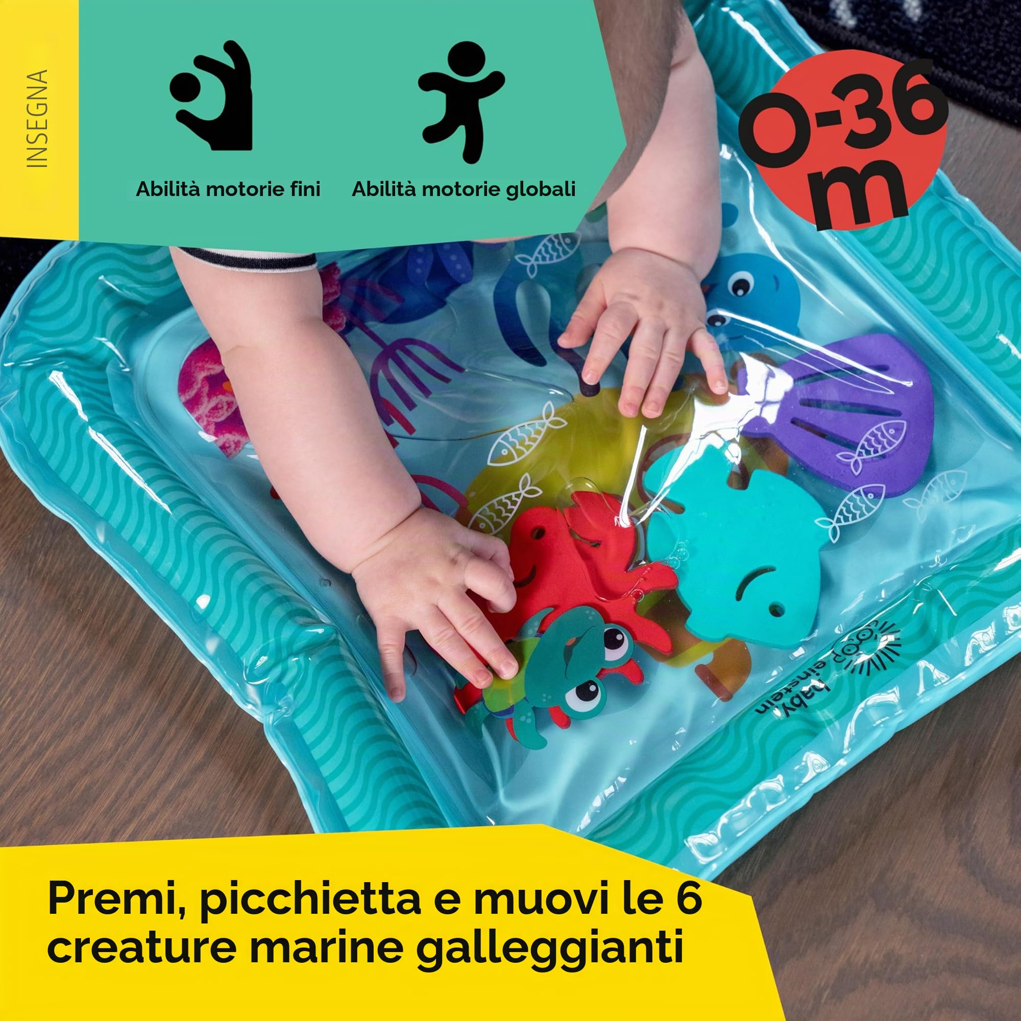 Baby Einstein, Tappetino d'acqua Sensory Splash Ocean Explorers, per giocare a pancia in giù o da seduti, 0-36 mesi