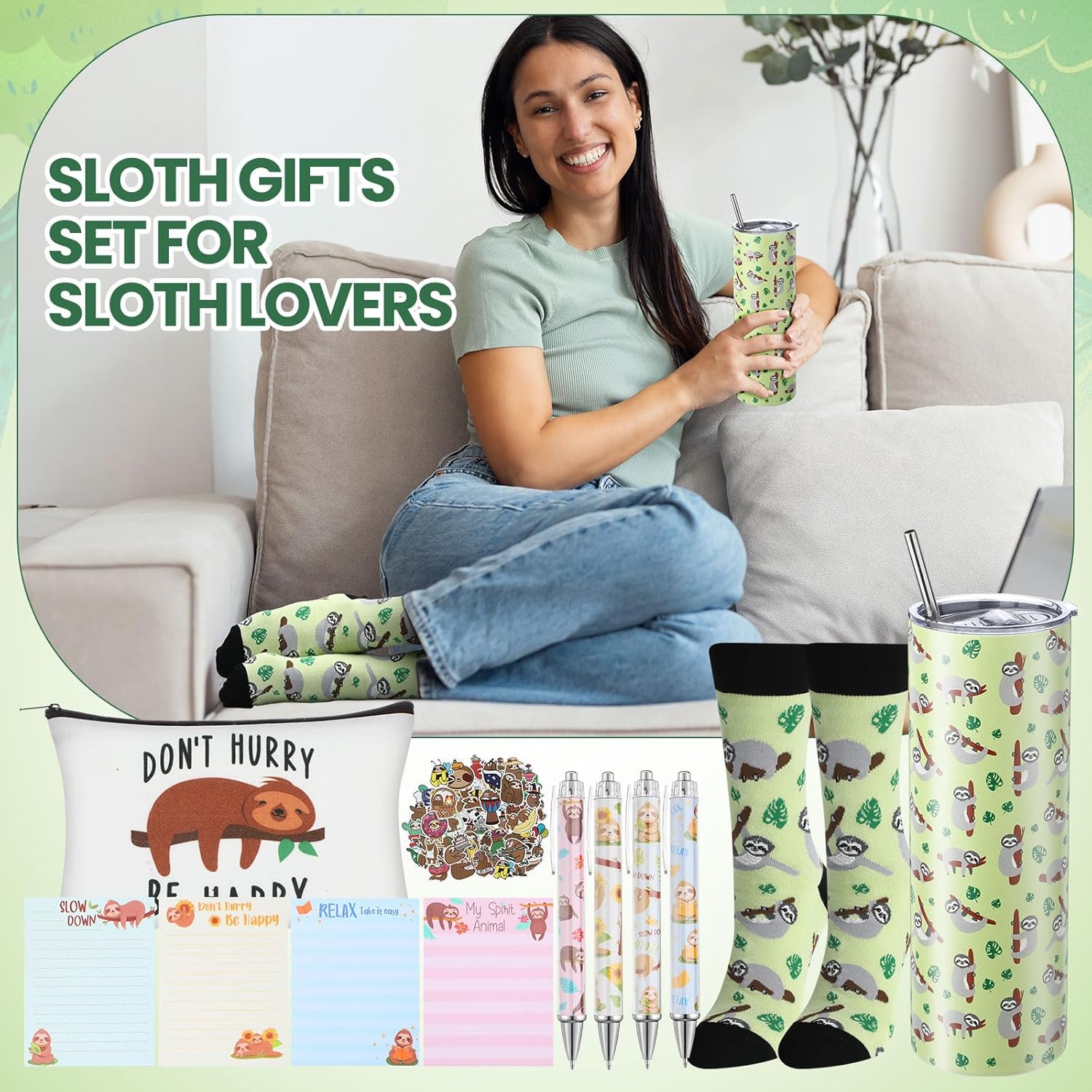 Vesici 13 Pcs Sloth Gifts for Girls Sloth Lovers Stuff Included 20 Oz Tumbler with Lid and Straw Cute Animal Makeup Bag Socks Sticky Notes Ballpoint Pens Stickers Keychain Birthday Christmas Gifts - Image 6