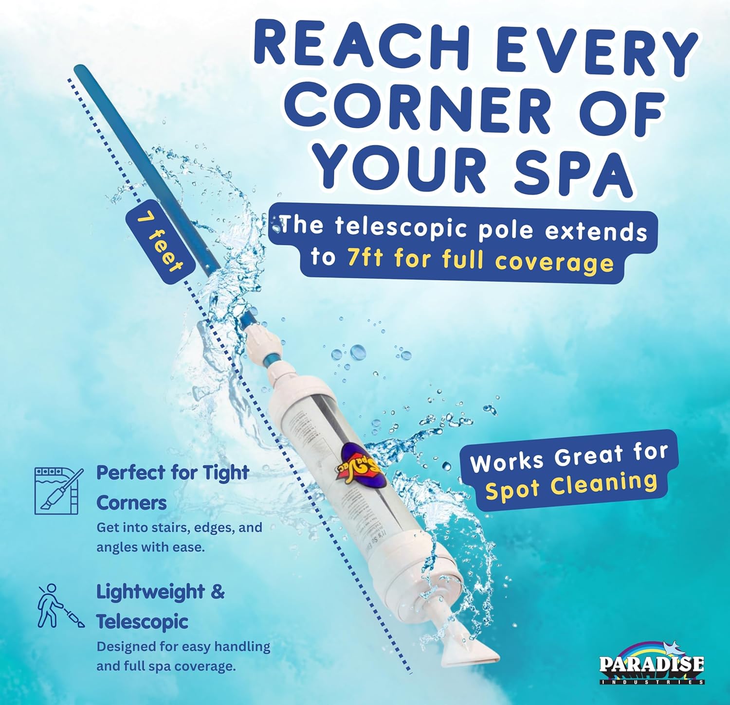 Rola-Chem 6250 Paradise Power Spa Vacuum – Manual Spa Vac for Hot Tub, Pool Stairs & Spas – Cordless Hot Tub Vacuum Cleaner with Telescopic Handle – Powered by Physics