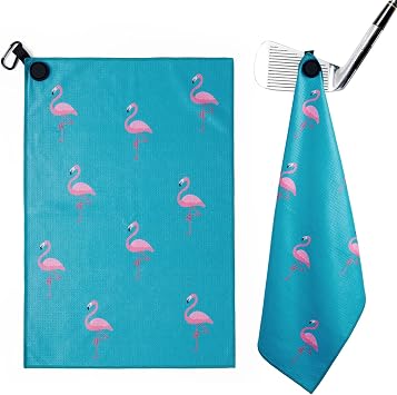 Magnetic Golf Towels with Clip, Microfiber Waffle Design, Industrial Strength Magnet for Strong Hold to Golf Bags, Carts & Clubs Blue Flamingo