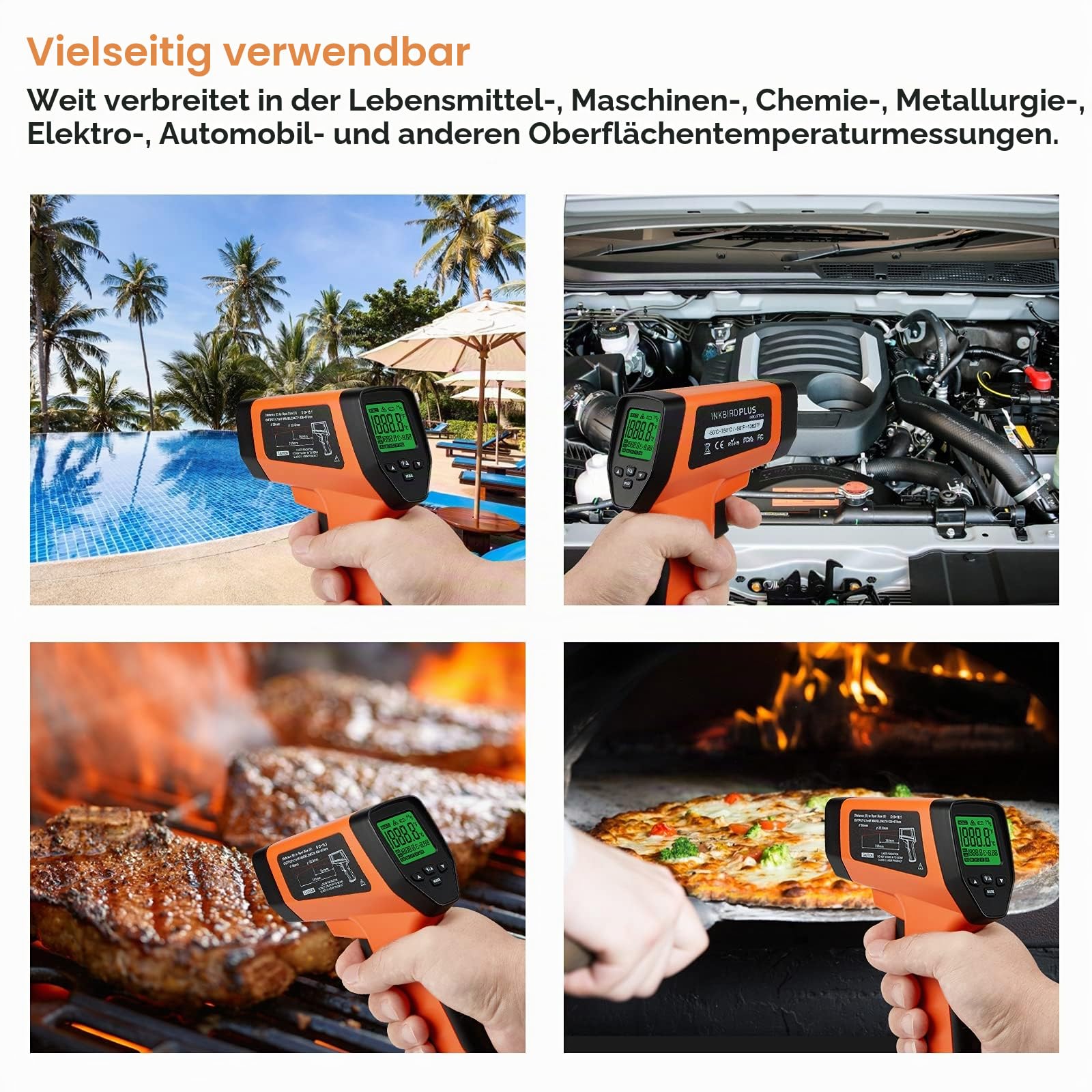 Laser Infrarot Thermometer -50℃ bis 750℃, Infrarot Thermometer mit 16:1 Spot-Verhältnis, Temperaturmessgerät IR Pyrometer mit Berührungslose,Einstellbarer Emissionsgrad für Kochen/Automotive