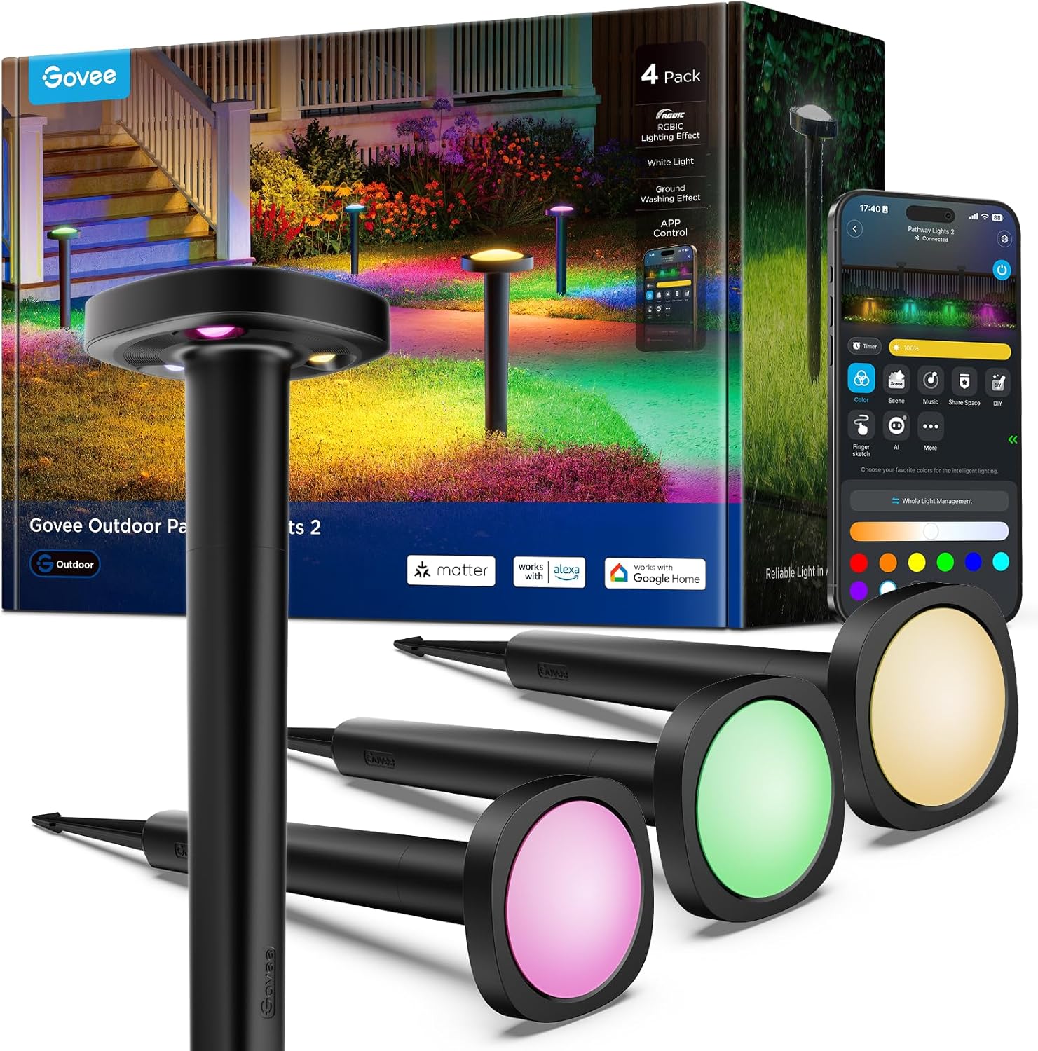 Govee Outdoor Pathway Lights 2, IP66 Waterproof Patio Lights, 60+ Scene Modes Landscape Lighting for Yard, Garage, Garden, Lawn, Outdoor Decor, Works with Alexa, Google Assistant, Matter, Wired 4 Pack