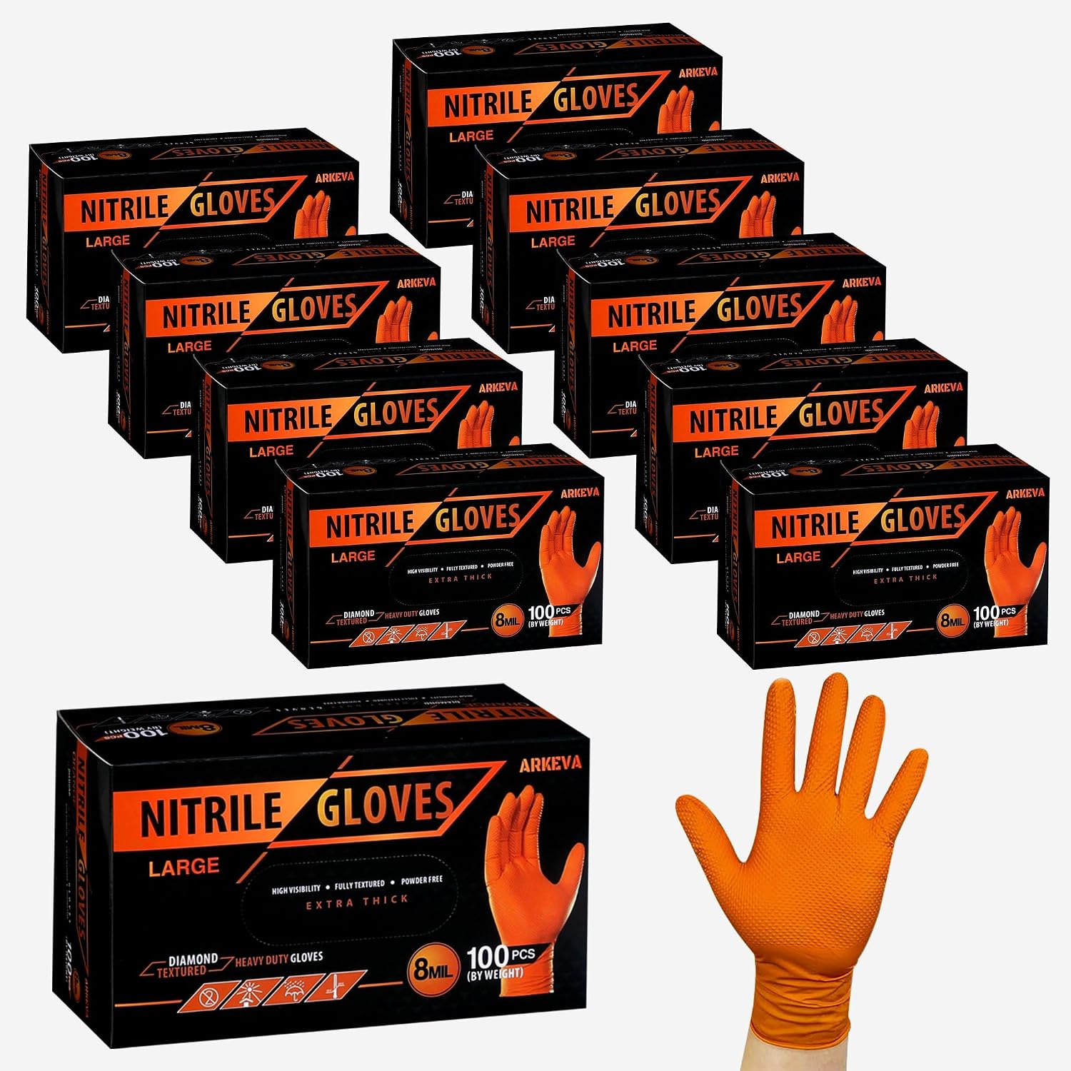 ARKEVA 8 Mil Nitrile Industrial Disposable Gloves, 8 Mil, Latex-Free, Raised Diamond Texture, Tear-Resistant
