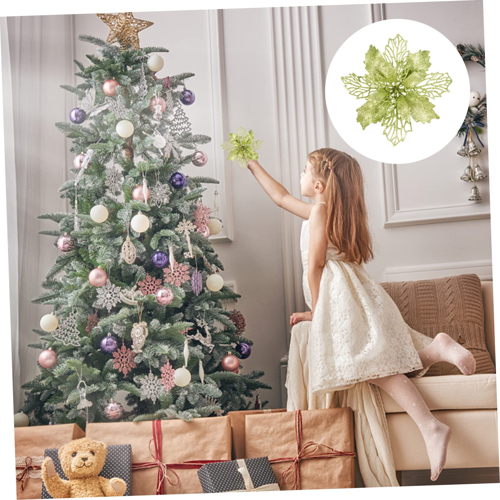 DECHOUS 3juegos Adornos Navideños De Flores Artificiales De Pascua Pendientes Decorativos para Árbol De Navidad Flores De Poinsettia Brillo para Decoración Festiva
