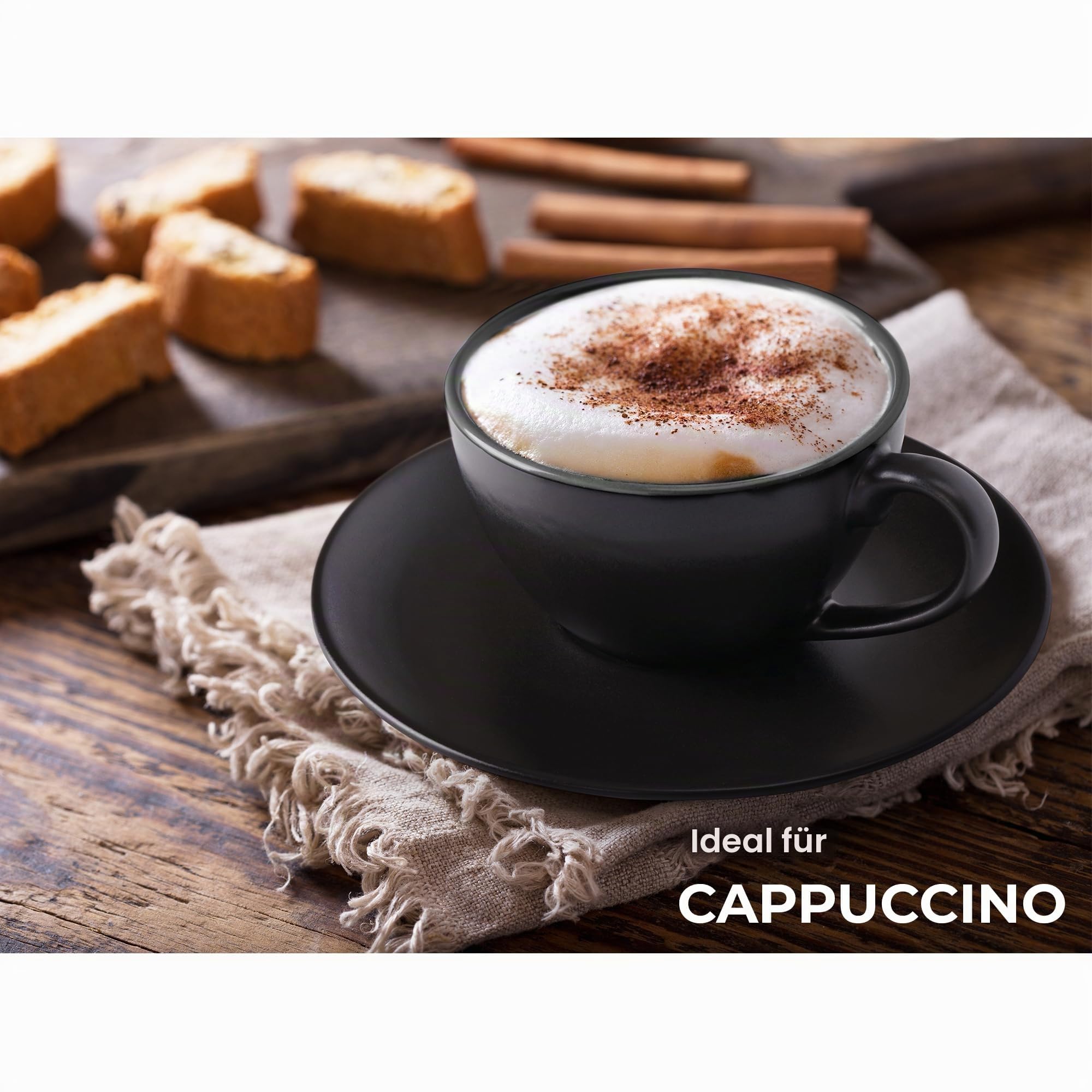 MIAMIO - 6 x 175 ml Tasse Cappuccino Tassen mit Unterteller & Ständer/Cappuccinotassen Set - Le Papillon Kollektion (Schwarz)