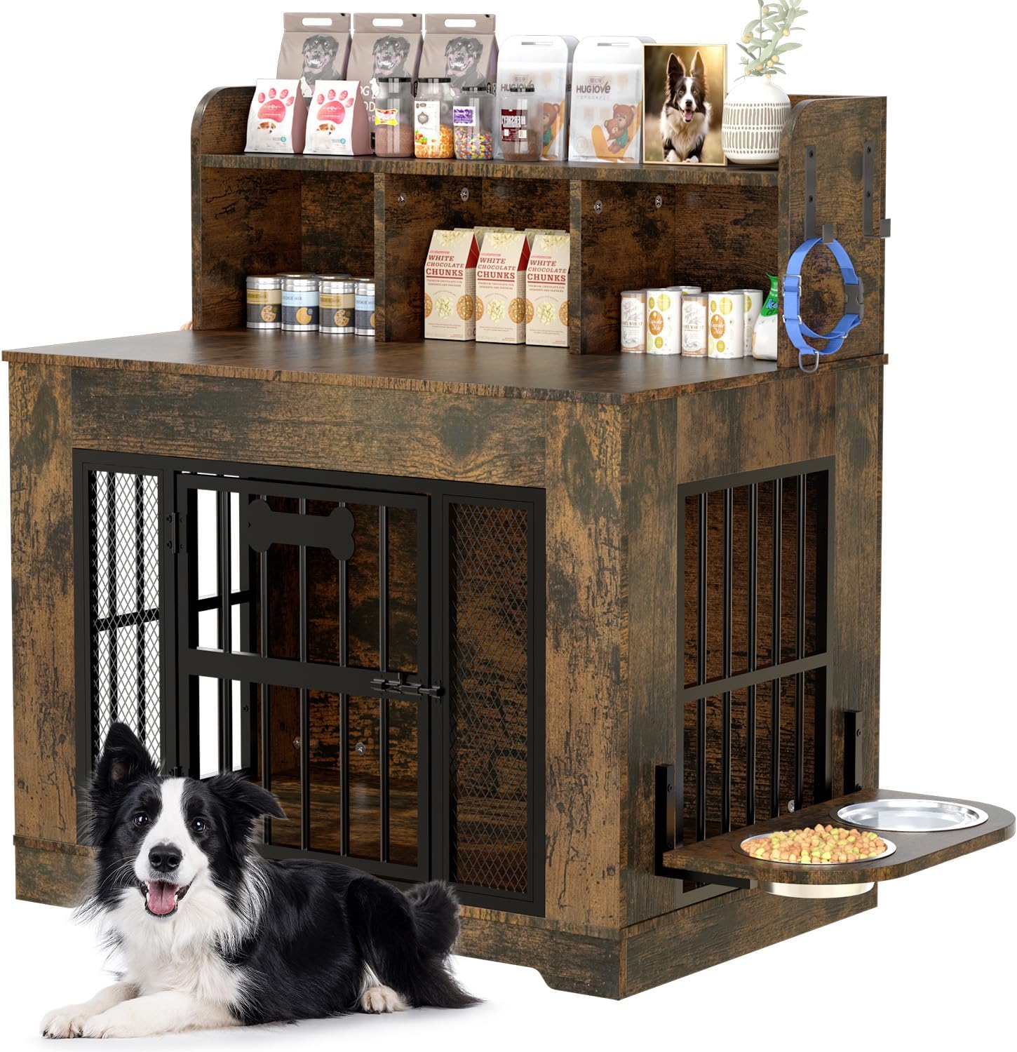 33″ Dog Crate Furniture for Medium Dogs, Wooden Dog Kennel Indoor with 2 Stainless Steel Bowls, Led Light, 4 Hooks, Heavy Duty Indestructible End Table Dog Crate, Hidden Decorative Dog Cage 33″ Dog Crate Furniture for Medium Dogs, Wooden Dog Kennel Indoor with 2 Stainless Steel Bowls, Led Light, 4 Hooks, Heavy Duty Indestructible End Table Dog Crate, Hidden Decorative Dog Cage