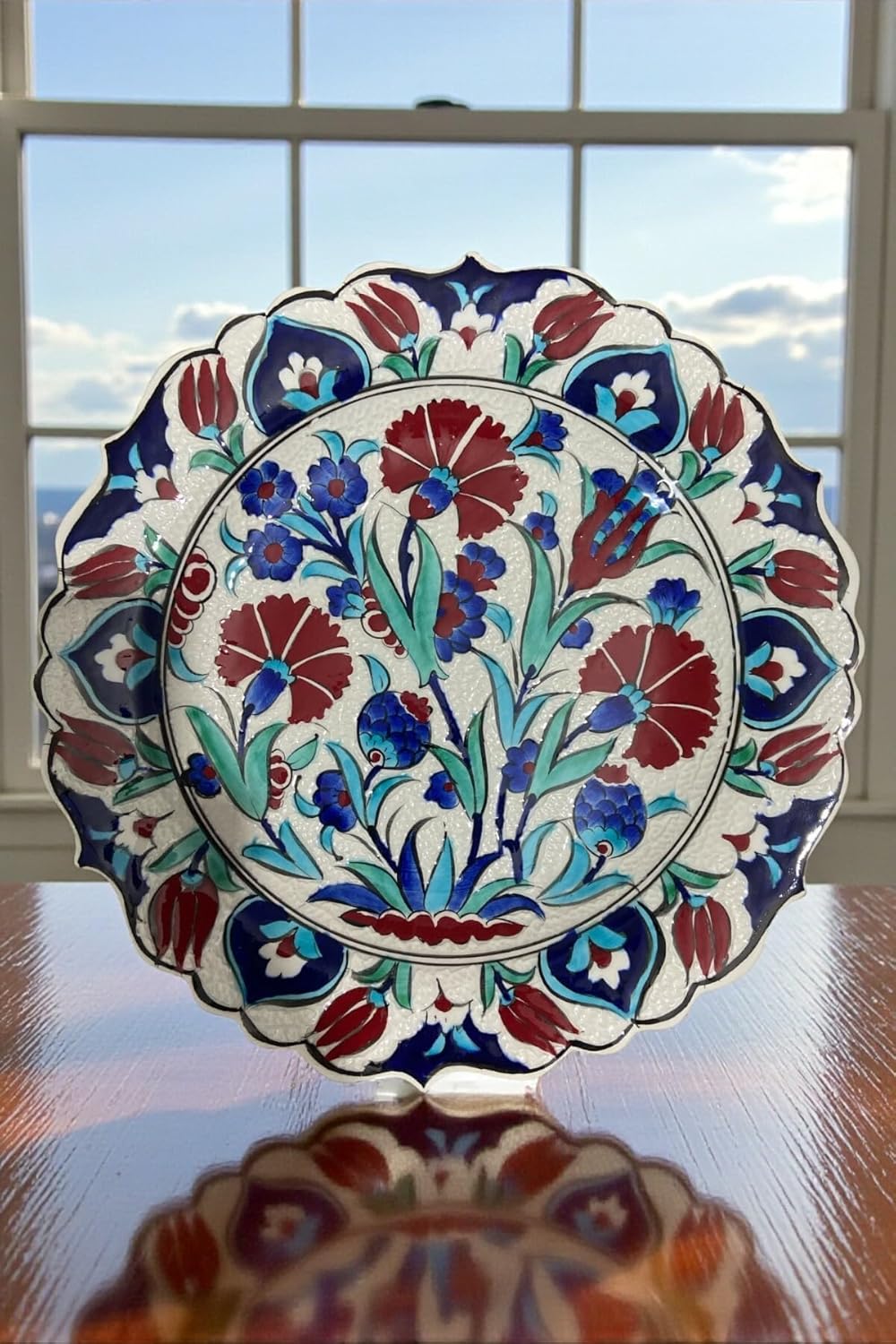 SODEF Decorative Ceramic Plate 11.8-Inch Kütahya Pottery Carnation Design with Velvet Box, Turquoise and Red Turkish Art for Home Decor - Turkuaz - Kırmızı