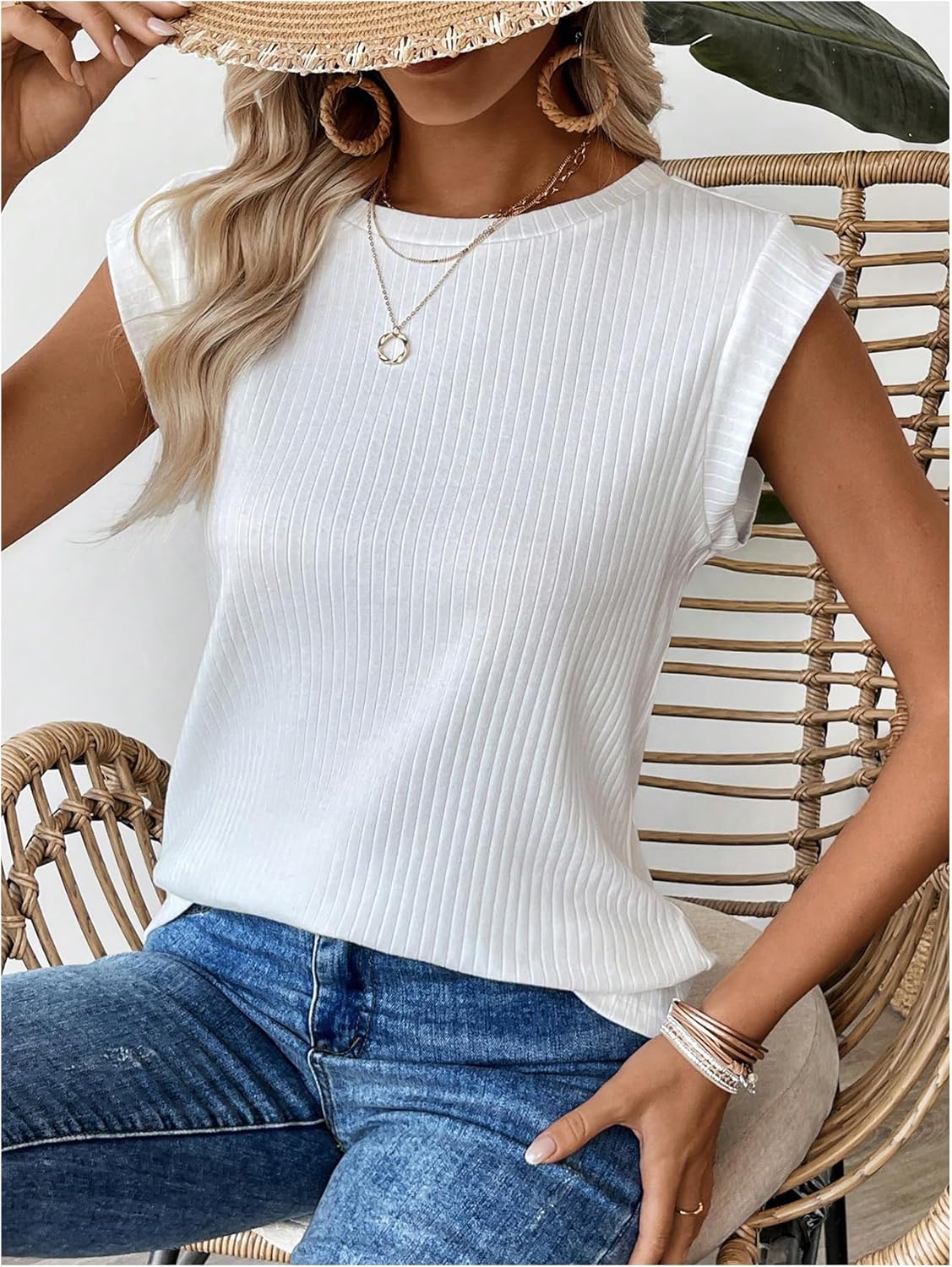 SHENHE Women's Cap Sleeve Ribbed Knit Shirts Crew Neck Going Out Top Casual Basic Tees - Image 2