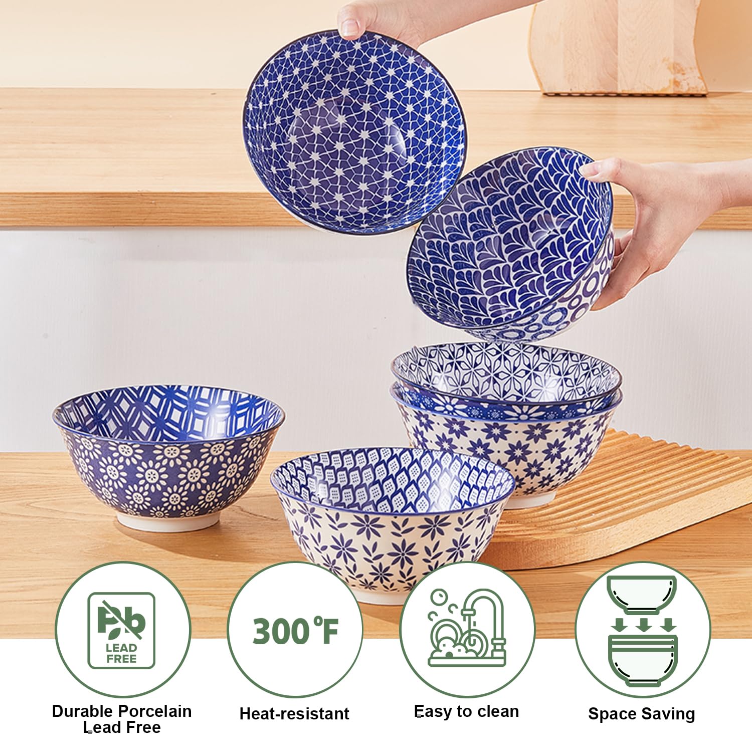 AntoKueh 15cm/6in Big Blue and White Ceramic Bowls, 660ml/23oz Large Cereal Bowls Set of 6 for Salad Soup, Pasta, Noodle - Image 4
