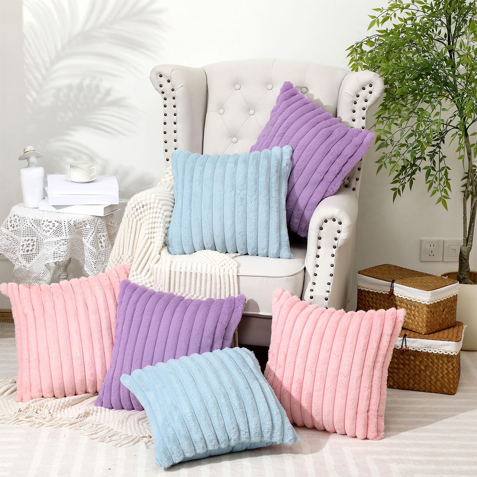 Mixweer 6 federe per cuscini in finta pelliccia, 45 x 45 cm, decorative a righe, morbide, per dormire, feste, divano, camera da letto, soggiorno (rosa, viola, blu)