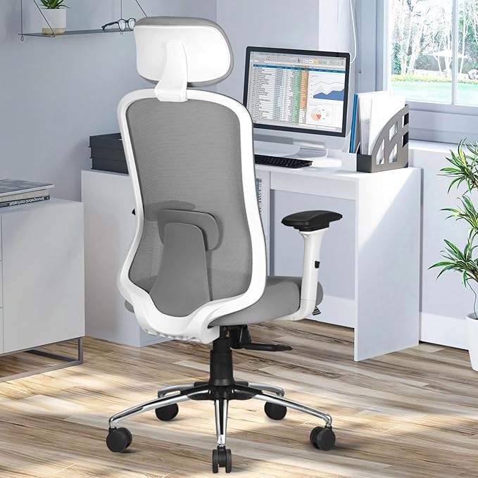 ASTRIDE Erizo Ergonomic Office Chair for Work | Smart 3 Position Multilock Mechanism | 4D Soft Armrest | Adjustable Headrest & Lumbar Support | 3 Years Warranty | Heavy Duty Metal Base [White-Grey]
