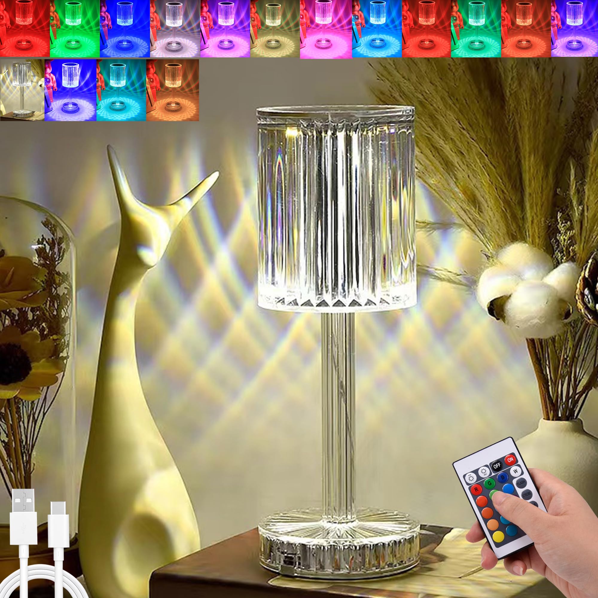 Crystal Table Lamp,RGB Changing Touch Table Lamp with Remote Control,USB Rechargeable Crystal Bedside Lamp,LED Cordless Desk Lamp for Bedroom/Living Room/Bar Dining Decor Lights