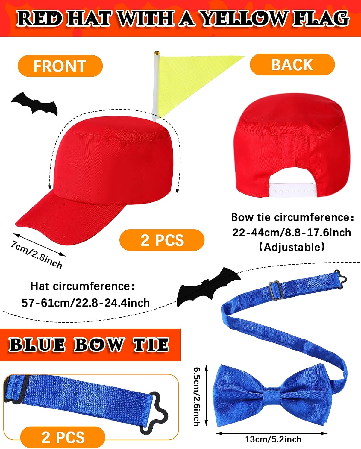Yahenda 6 Pcs Halloween Costume Set Red Silly Nerd Hat with Flag Adjustable Elastic Y Back Style Suspenders Royal Blue Bow Ties 2 Sets Clown Costume for Couples Halloween Cosplay Outfit for Men Women