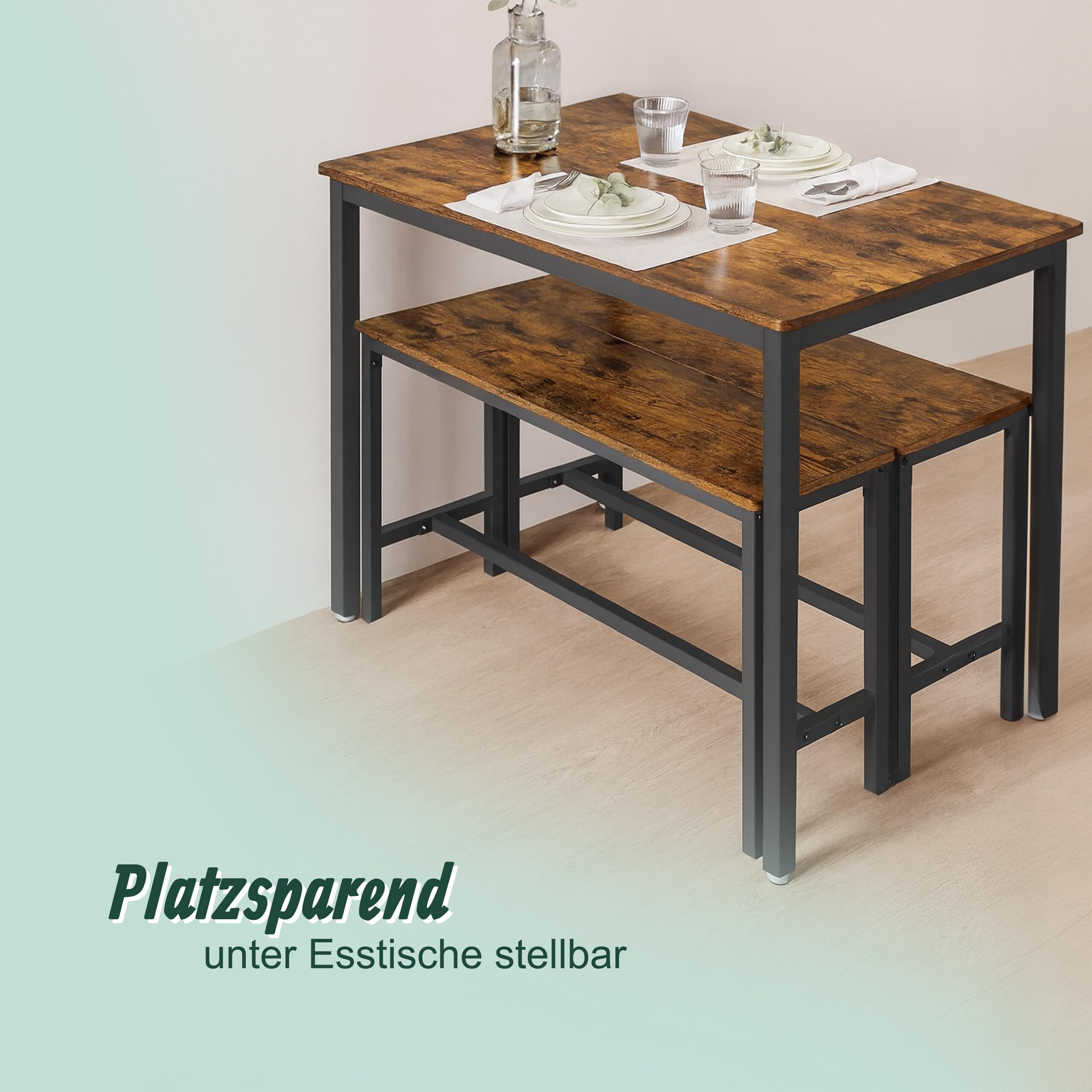 Relaxdays Sitzbank 2er Set, Esszimmer, platzsparende Essbank, HBT: 51x108x32 cm, Küchenbank, Metall, Industrial/Schwarz