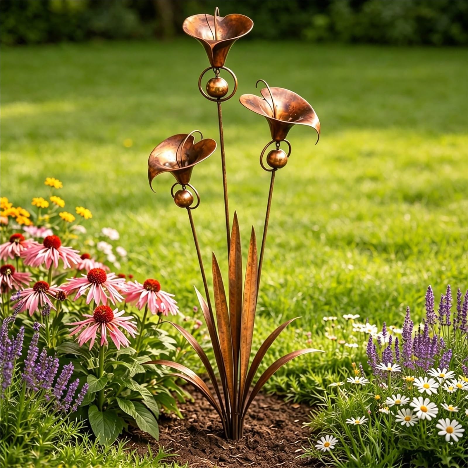 Piquet de jardin en cuivre flammé Calla et cloches en métal décoratives pour extérieur