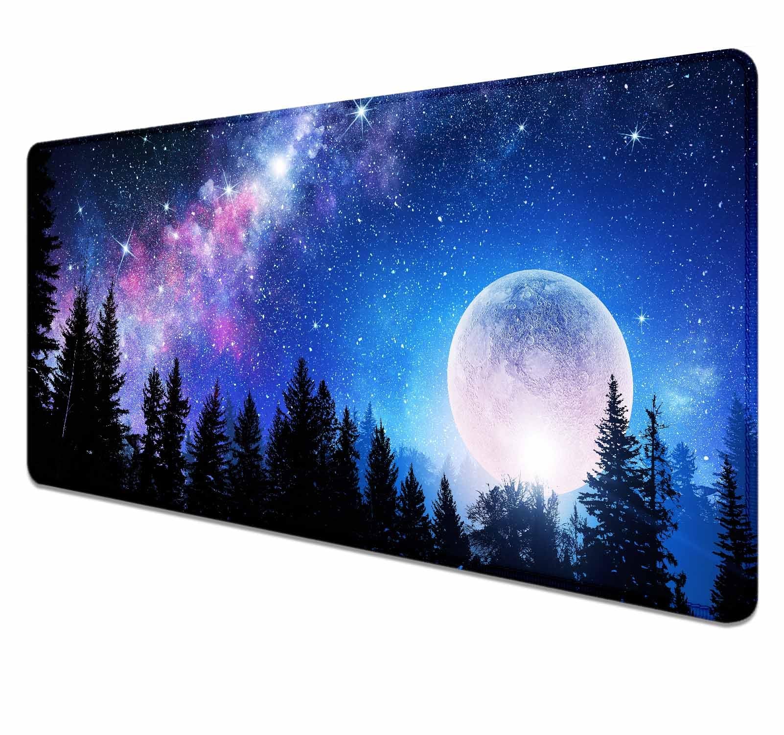 Rozszerzone duże podkładki pod mysz na biurko – ponadwymiarowa antypoślizgowa mata na biurko z klawiaturą komputerową dla graczy, do pracy i domowego biura, 90 x 40 cm (galaktyka las księżyc)