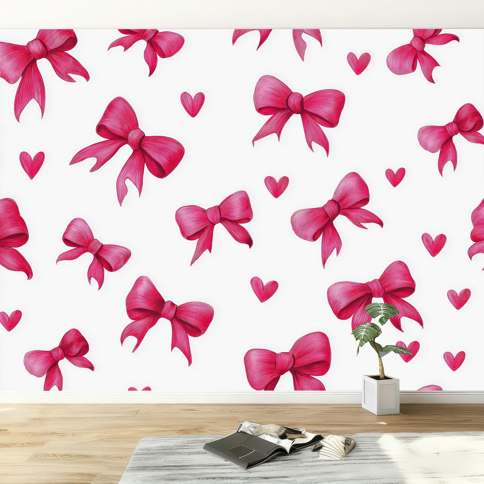 Papier peint panoramique sur toison intissée épaisse avec motif nœud rose de style cartoon