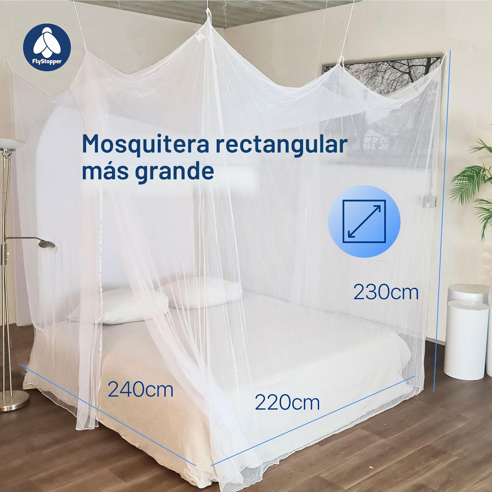 Mosquitera para cama doble XXL, 240 x 220 x 230 cm, mosquitera XXL para cama, agujeros finos, cortina rectangular de viaje, mosquitera, 2 entradas, fácil instalación, bolsa de transporte