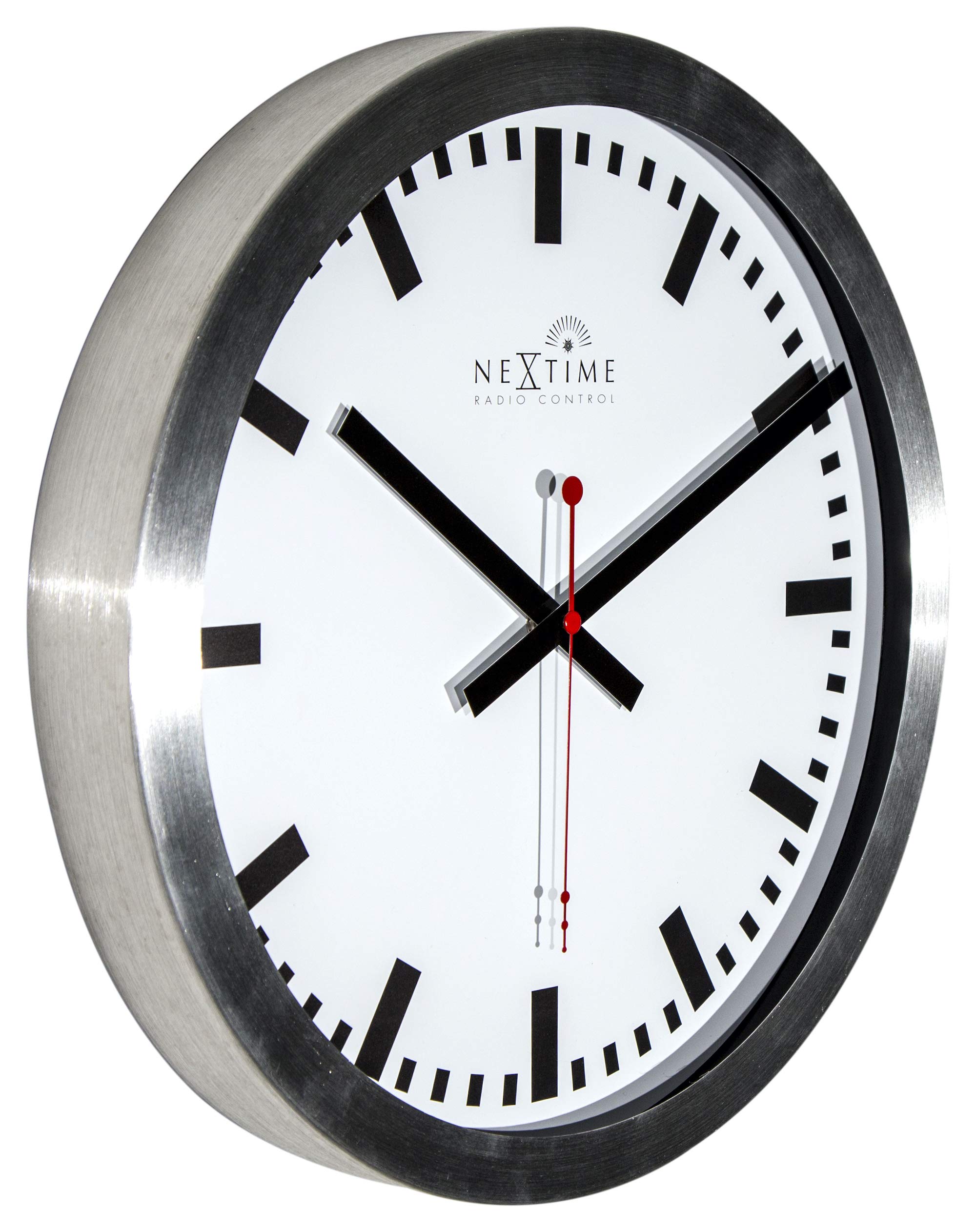 NeXtime Reloj de pared - Estación de trenes "STATION RCC", muy silencioso, radiocontrolado, blanco, redondo, ø 35 cm