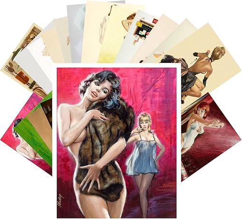 PIXILUV Pinup Postal Pack 24pcs Vintage Pulp Fiction Ilustración Sexy Girls Man Magazine Covers Negro -,Azul,Marrón,Coral,Crema,Lavanda,Verde