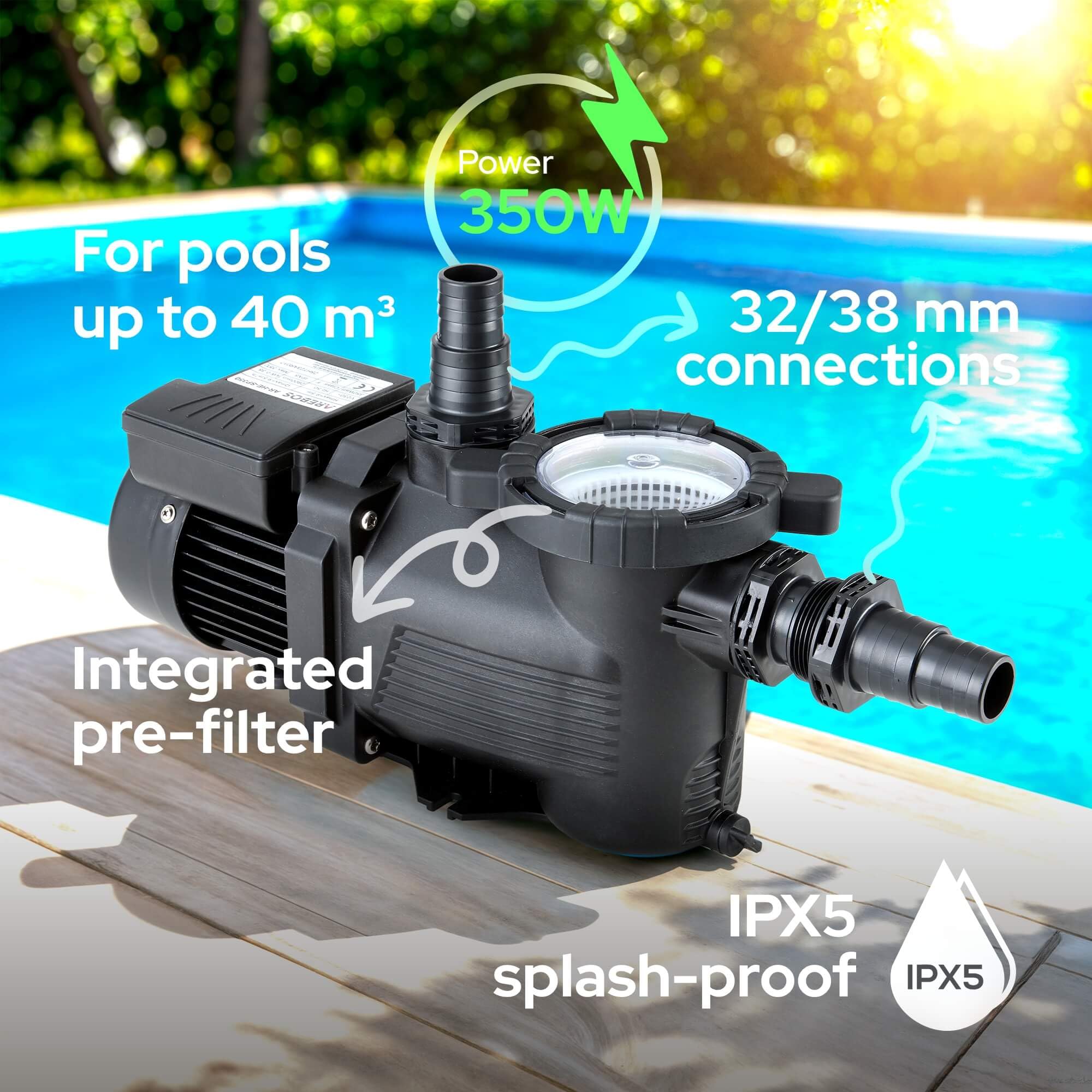 Arebos Bomba de piscina 350W | bomba de filtración con prefiltro y 9500 l/h | bomba de piscina para sistema de filtración de arena y sistema de filtración | potente y energéticamente eficiente