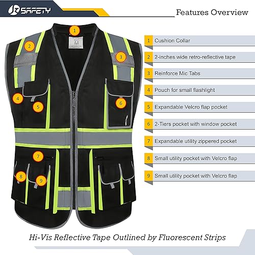 Miniatura 4 de JKSafety Chaleco de seguridad negro con cremallera frontal de alta visibilidad, 10 bolsillos, cuello acolchado, cintas altamente reflectantes con