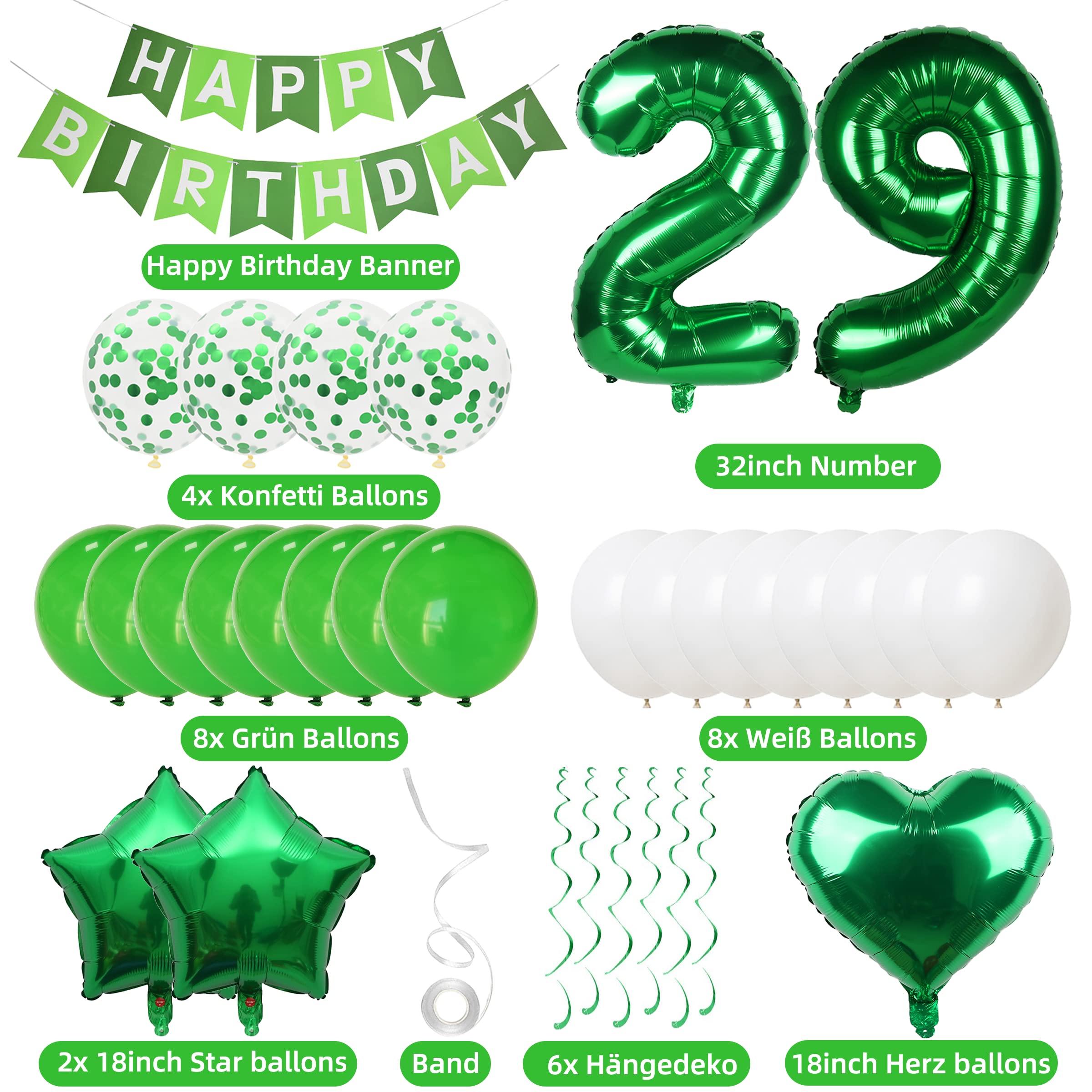 Kit Decorazioni Compleanno 29 Anni Verde – 2 Palloncini Numero 100cm, Banner E Ghirlanda – Per Uomo E Donna