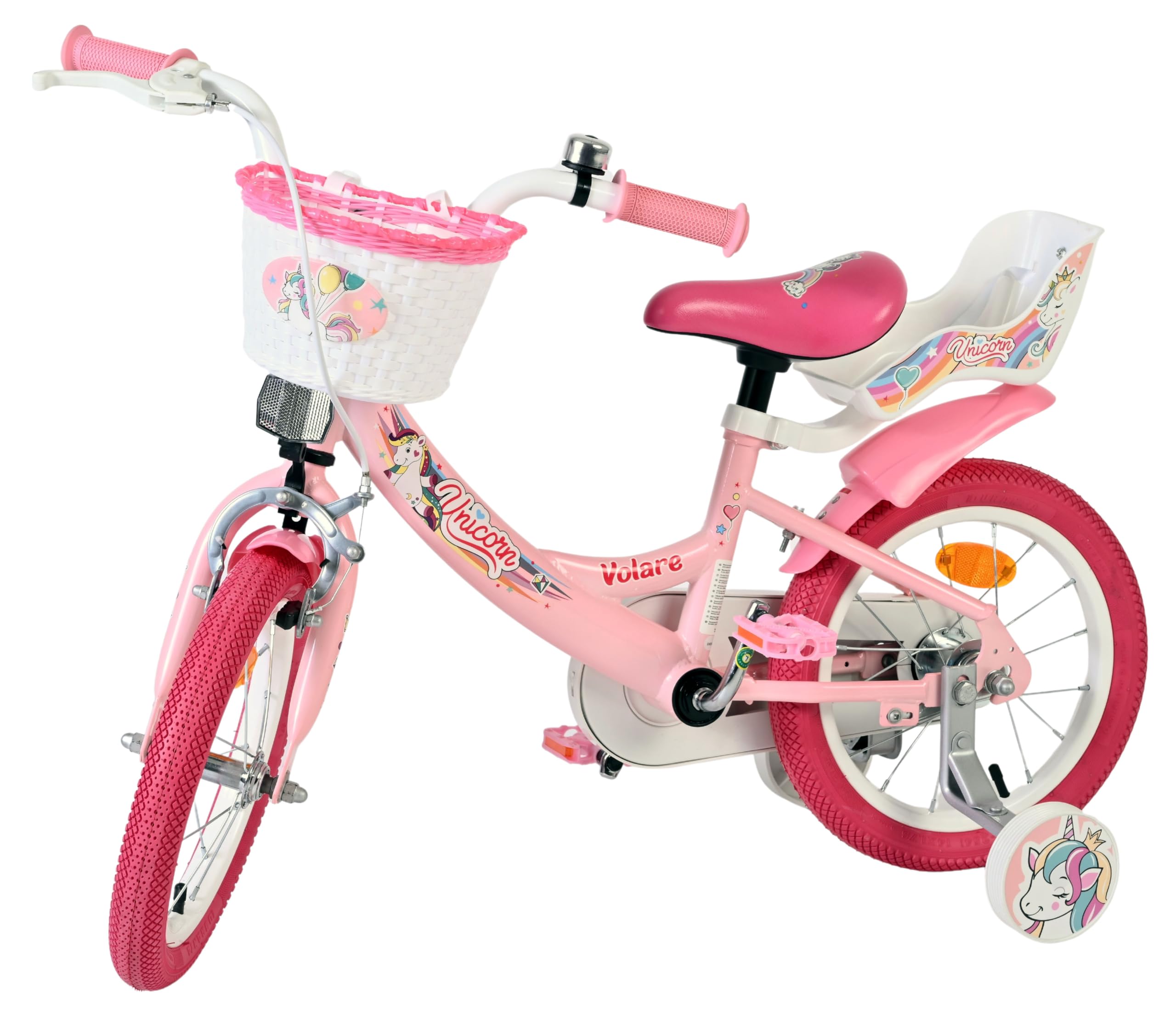 Volare Einhorn Kinderfahrrad Pink | 14 Zoll | 3,5–5 Jahre | Hand- & Rücktrittbremse | Stützräder | Verstellbarer Sattel | Puppensitz & Korb | Geschenk für Mädchen