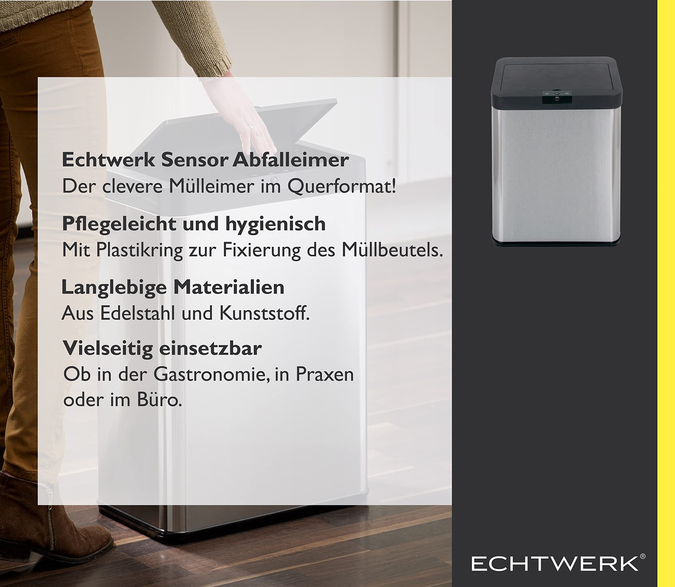 Echtwerk Sensor-Abfalleimer, Touchless Abfalleimer, elektrischer Müllbehälter, Infrarot Bewegungssensor, Soft Close Funktion, Korpus aus Edelstahl, Fassungsvermögen 48 Liter, Schwarz