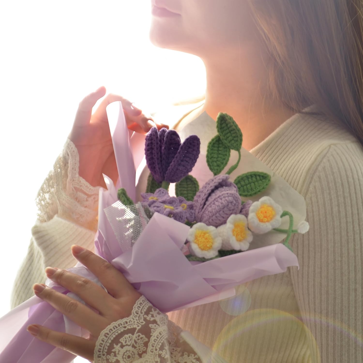 Tulips Crochet Flower Bouquet,Completed Knitted Flowers with Finished Exquisite Wrap,Handmade Artificial Flowers All-Occasion Gift for Wife Girlfriend Women Wedding, Birthday, Anniversary