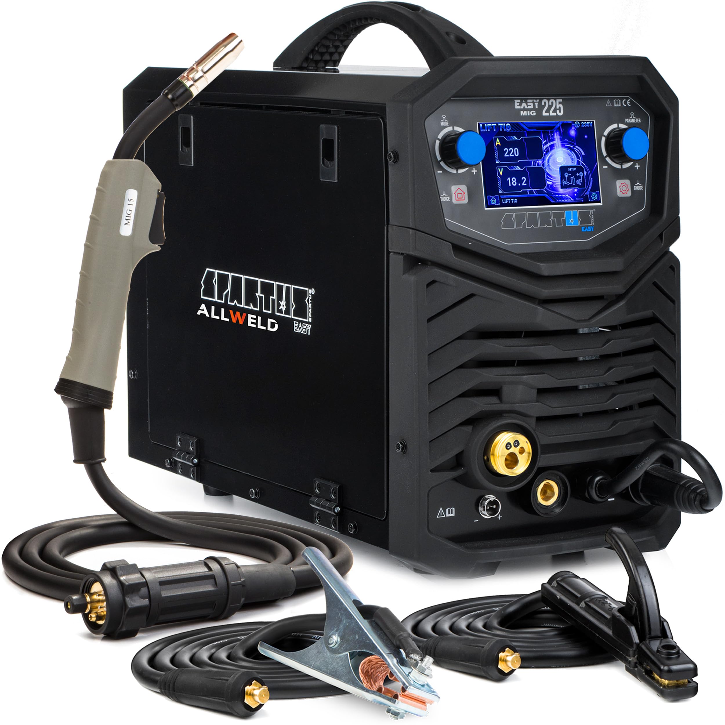 Spartus EasyMIG 225 - Máquina de Soldar Inverter con Gas 200A - Profesional, Multifuncional, Sinergia Total - Soldadura: MIG, MAG, MMA, TIG-Lift