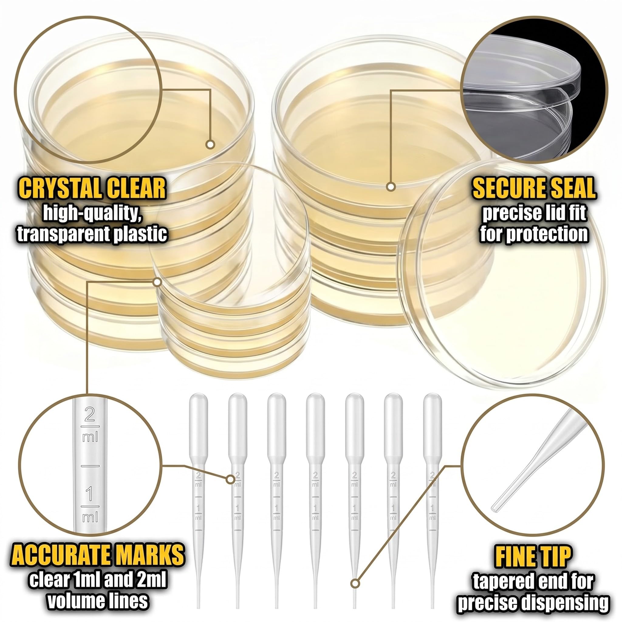 9 Pezzi Piastre Di Petri, Piastre Di Petri in Plastica Sterile Trasparente, Per Coltivare Batteri, Corsi Di Esperimento Per Studenti e Ricerca Biologica, Con 9 Pipette
