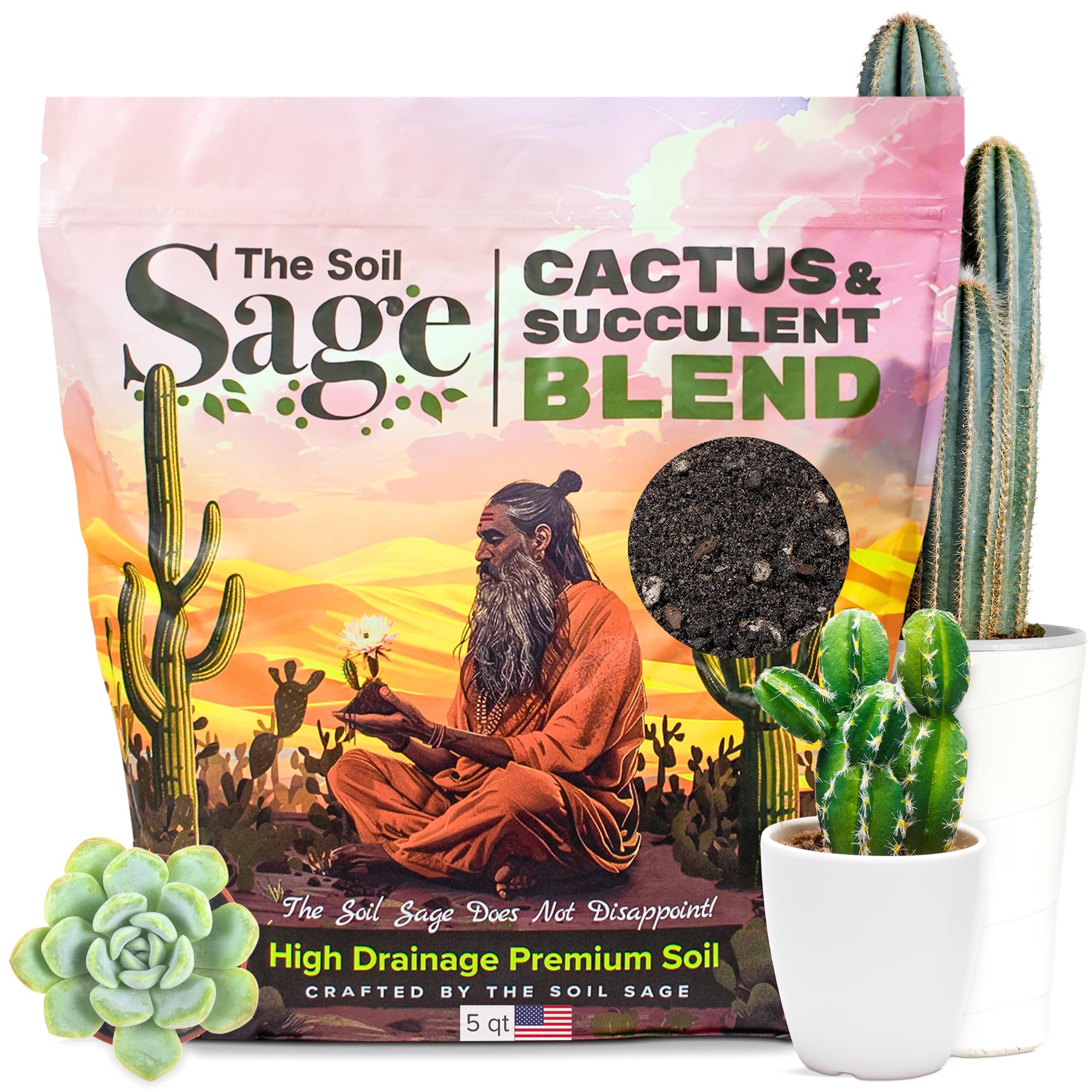 Cactus & Succulent Potting Soil Mix for House Plants, USA Made - 5 Dry Qt, Gritty, Fast Draining, Soilless, Root Boosting, Peat-Free - Growth of Cactus, Succulents, Jade, Aloe Vera