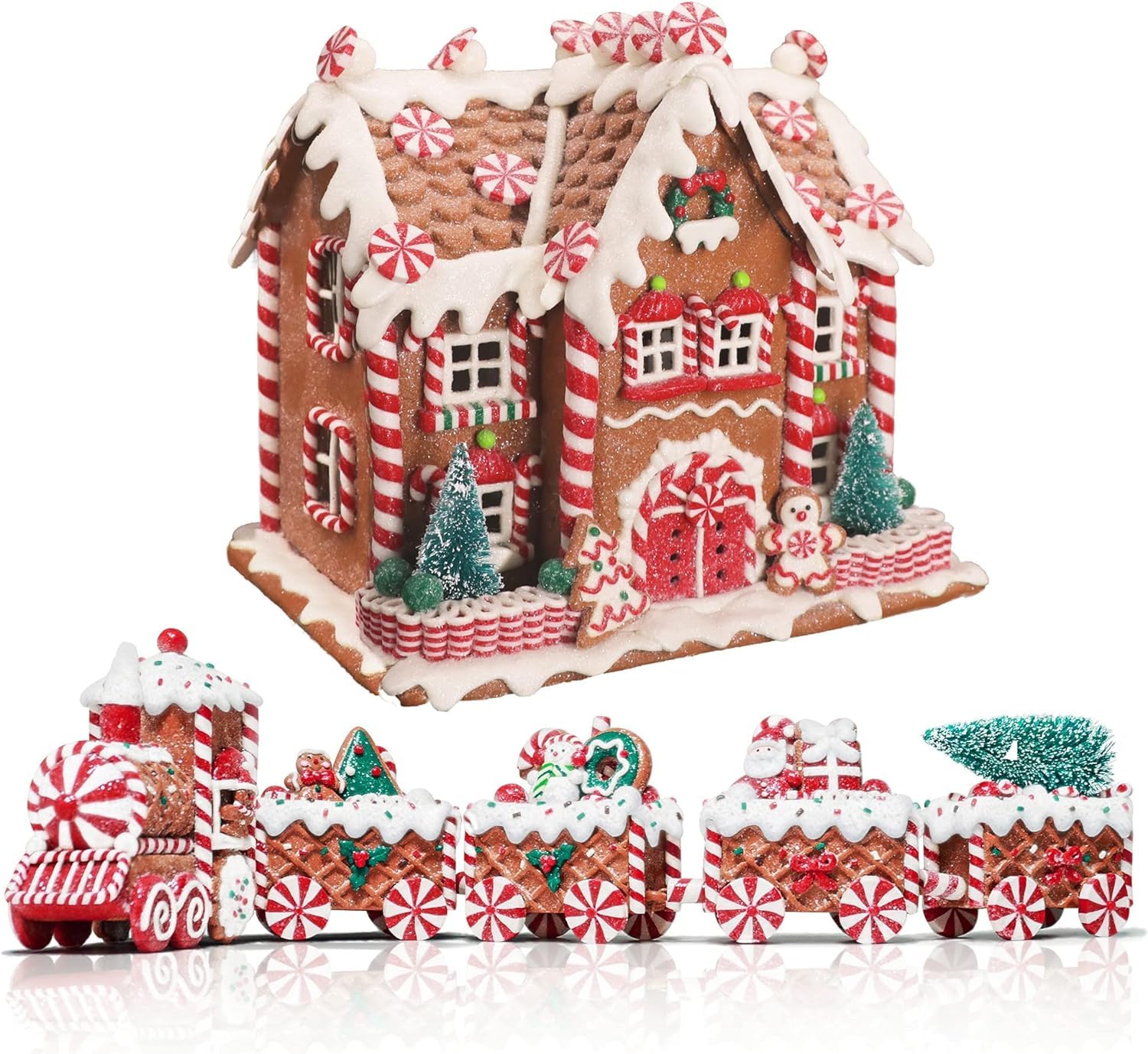 KPCB Prelit Gingerbread Decor Train Figurines 21.85" & Handcrafted Gingerbread House Decorations with Timer 9.8", Holiday Home Decor with Timer for Table Centerpieces, Mantel, Shelves