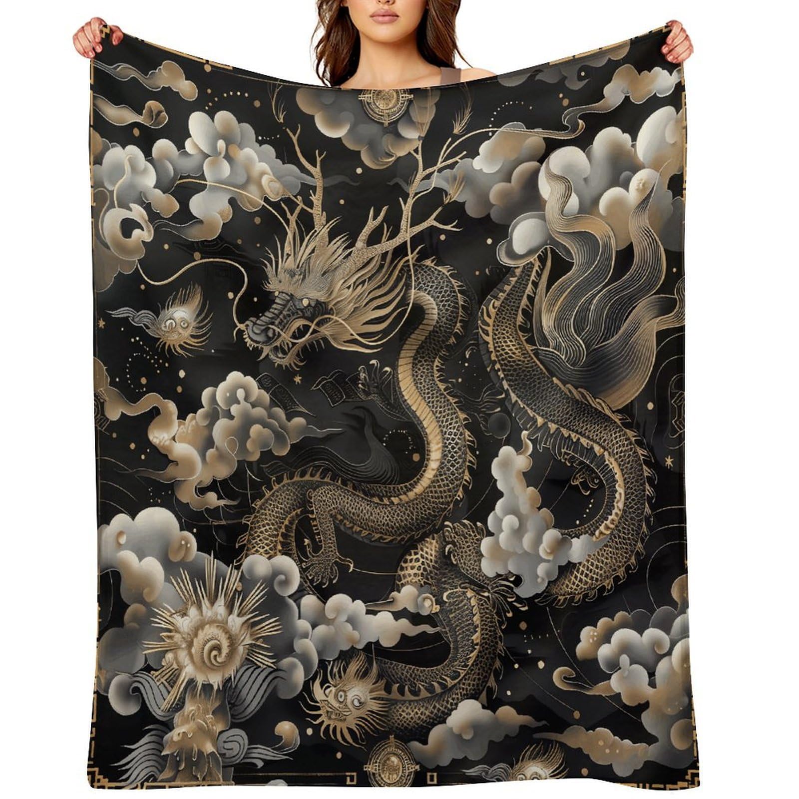 Black Chinese Dragon Throw Blanket for Couch and Bed Super Soft Warm Lightweight Throw Blankets Cozy Fuzzy Flannel Blanket Personalized Decorative Blankets for Sofa Decor 30"x40"