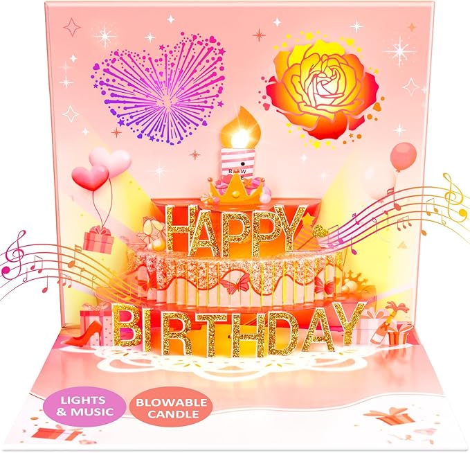 INPHER Birthday Cards For Women Pop Up Happy Birthday Card Blowable LED