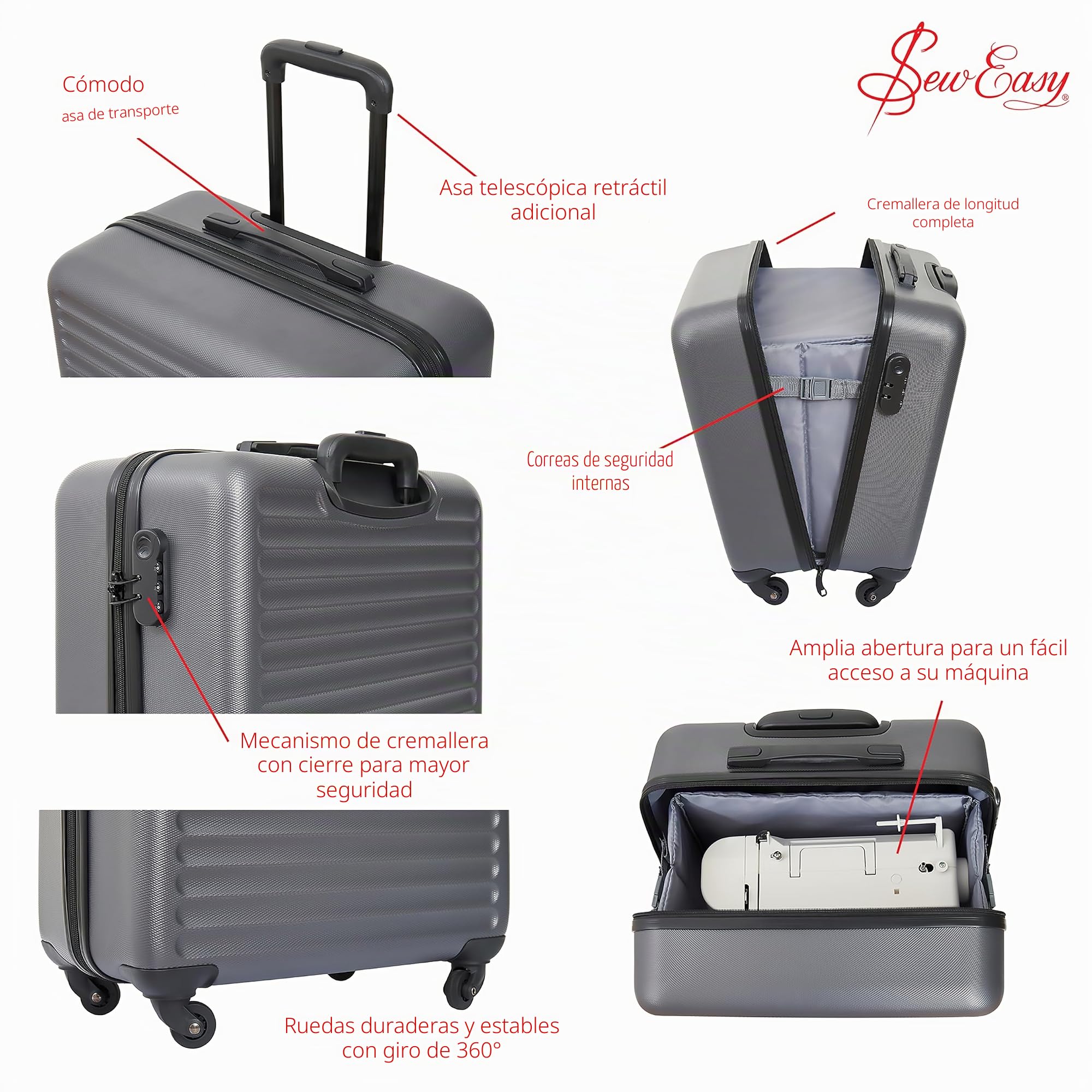 Sew Easy Carro para máquina de coser – Maletín rodante para máquina de coser con 4 ruedas, funda de transporte acolchada con cerradura para máquinas de coser, metallic silver, 24 x 44 x 46cm, Estándar