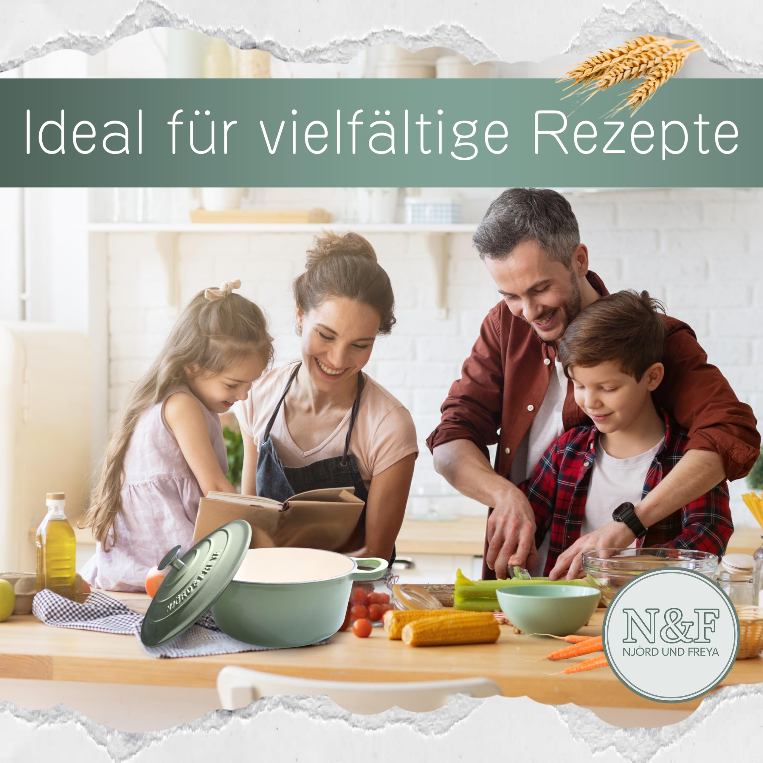 Njörd & Freya® Gusseisentopf 24 cm – Brotbacktopf emailliert mit Deckel – Dutch Oven für Brot, Braten & Eintöpfe – Gusstopf backofenfest, Induktion geeignet, Gusseisener Topf