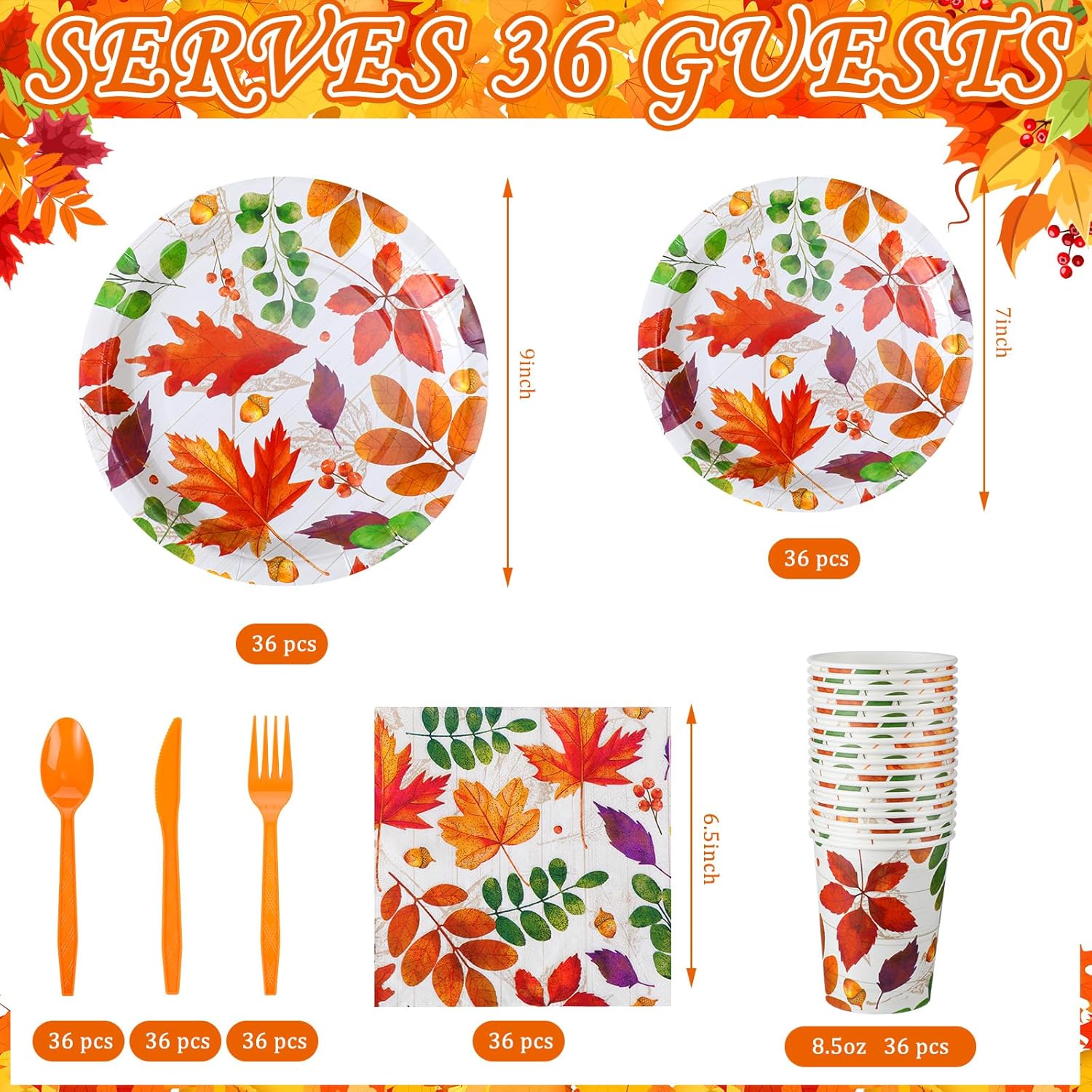 Yungyan 252 Pcs Thanksgiving Paper Plates and Napkins Set Disposable Fall Autumn Maple Leaf Party Plates Cups Paper Napkins Knives Spoons Forks for Thanksgiving Fall Harvest Party Supply Serves 36