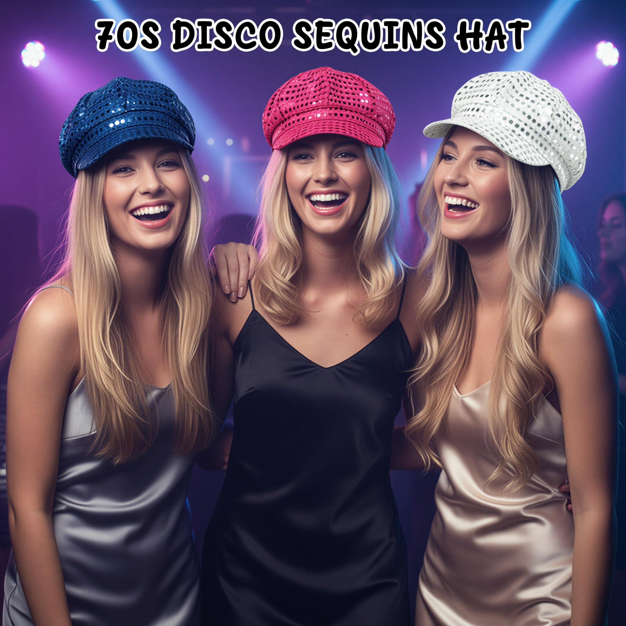 E1mity 70s Sequins Hat Abba Hat for Women 3PCS Blue Silver and Rose Glitter Disco Party Hats Fancy Dress Costume Accessories for Cosplay Retro Party Disco Hen Parties Night - Image 2
