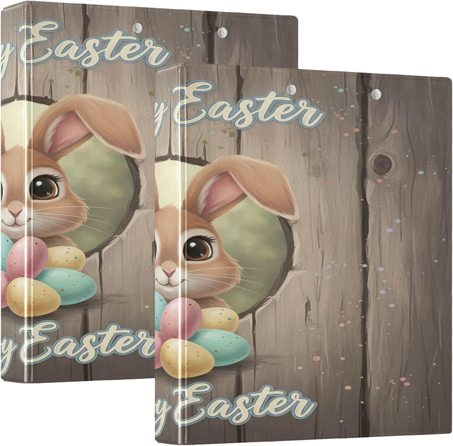 Happy Easter Bunny 3 Ring Binders, 1.5” Round Ring Binders with Clipboard - Letter Size, 3 Interior PVC Clear Pockets & Anti-Slip Clip for Office School Supplies, 2PCS