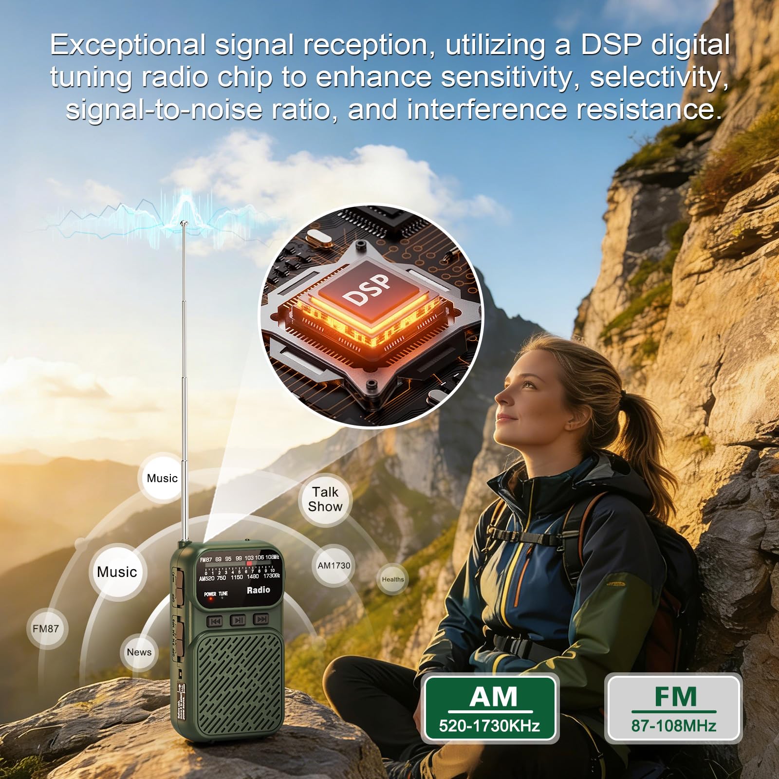 Tendak Mini Radio à Piles AM/FM/FM Bluetooth Portable 1200 mAh USB-C Vert
