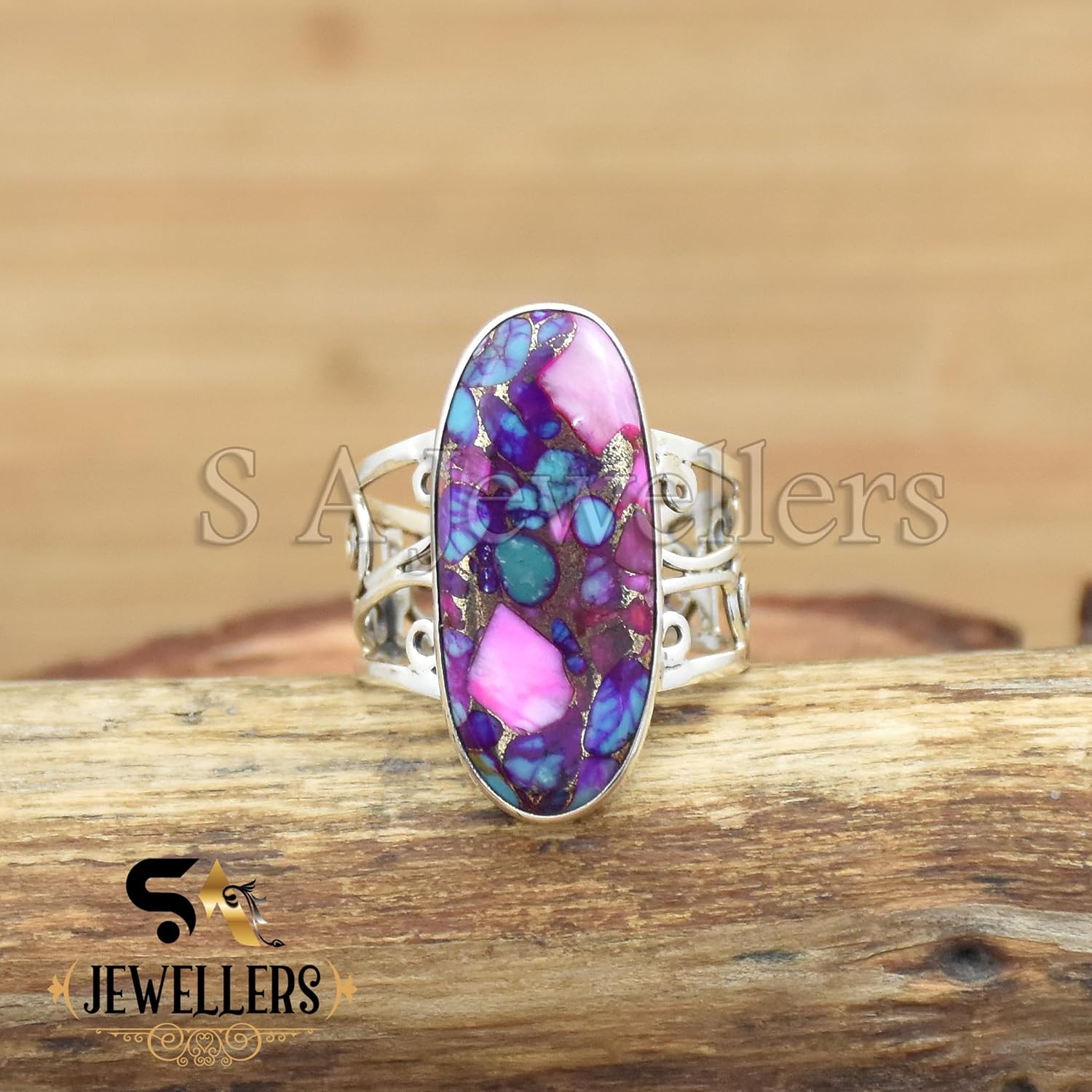 SA Jewellers Sterling Silver Oval Ring with Purple and Blue Turquoise, Handmade Filigree Band, Kingman Pink Dahlia Stone