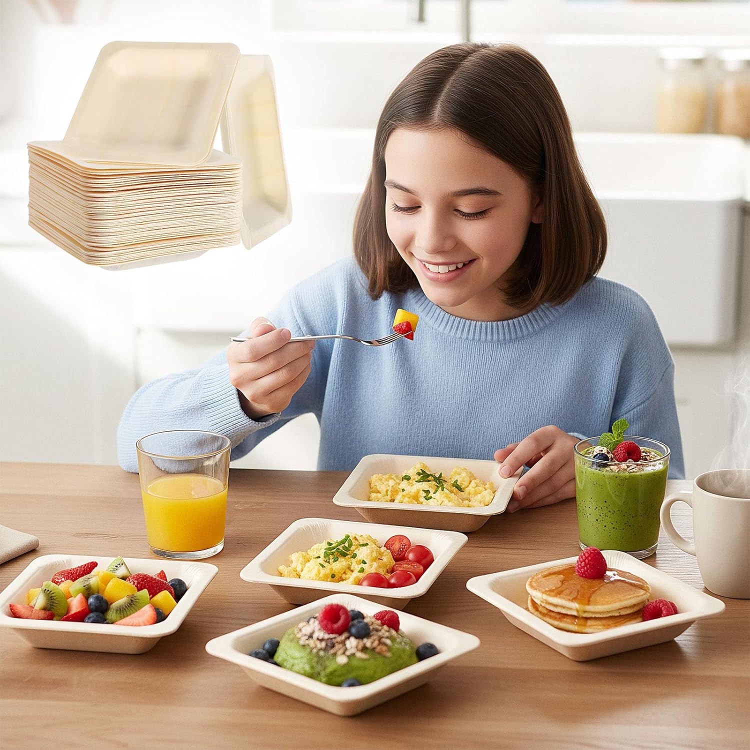 JIEYAO 100 Pcs Disposable Bamboo Plates, 4 Inch Square Wooden Bowls Appetizer Dessert Plates for Parties Weddings Catering Home Use
