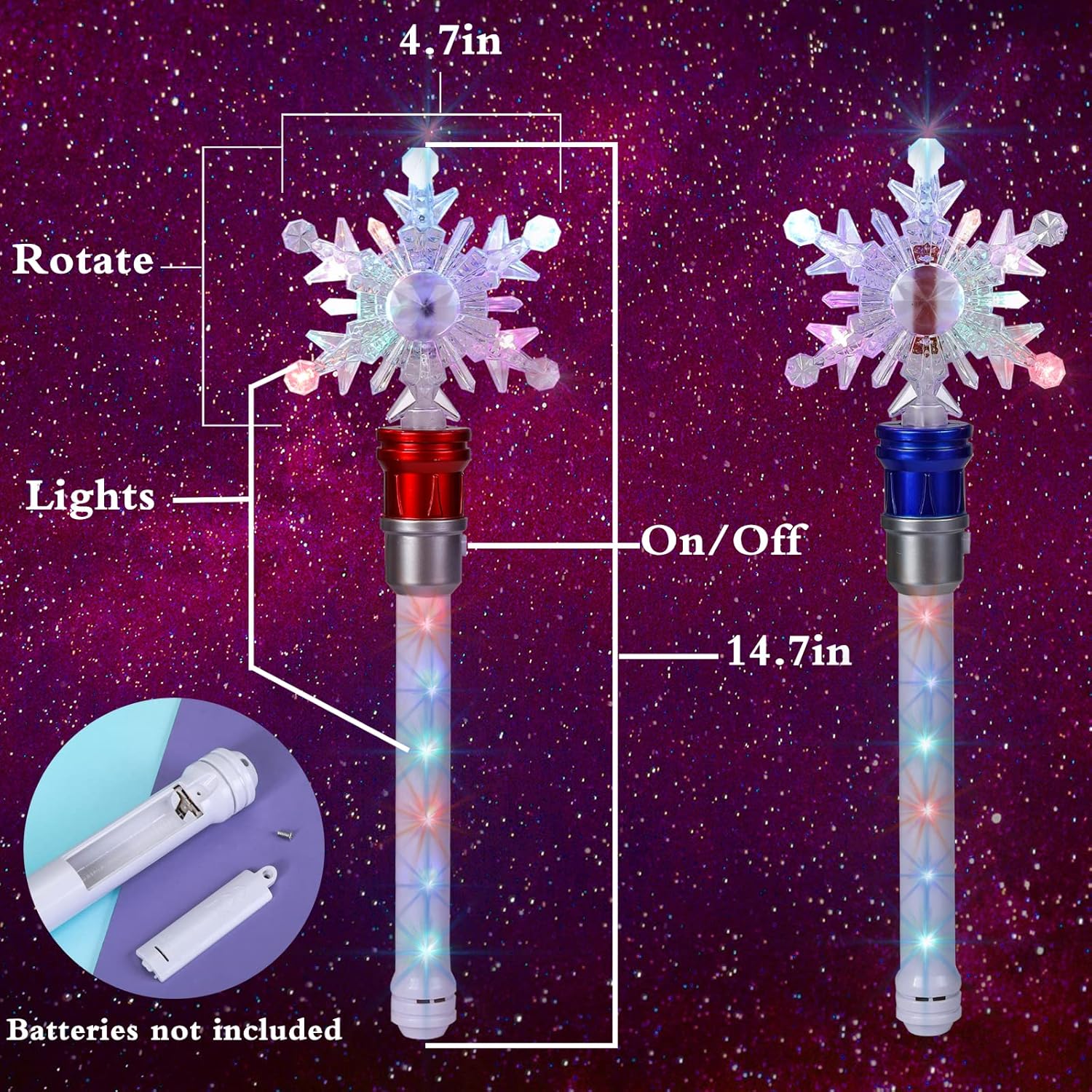 Fleeting Time Light Up Frozen Snowflake Wand- Snowflake Spinning Wands,Magic Wand Rotating Toy for Girls and Boys, Magic Princess Sensory Toys,Christmas & Birthday Gift (Red+Blue) - Image 4