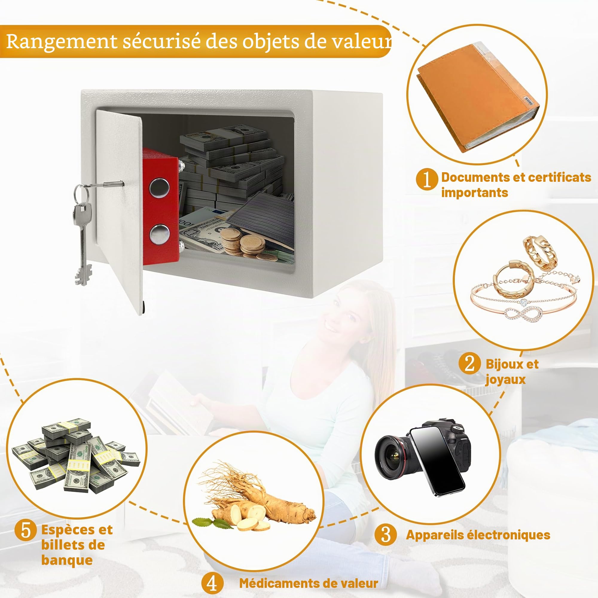 XMTECH Coffre-fort pour meubles avec serrure à double barbe, 2 clés, coffre-fort, coffre-fort, mural, avec matériel de fixation, beige, L - 31 x 20 x 20 cm (l x H x P)