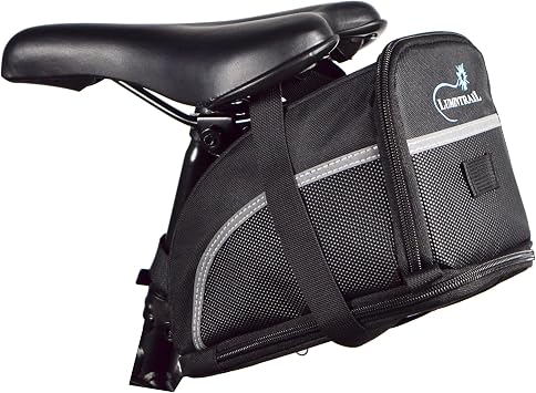 Lumintrail Bike Seat Bag, Bicycle Saddle Bag for Mountain Road Bikes, Expandable Storage Under Seat Bike Bag, Reflective Material with Bike Light Loop, Black, Large