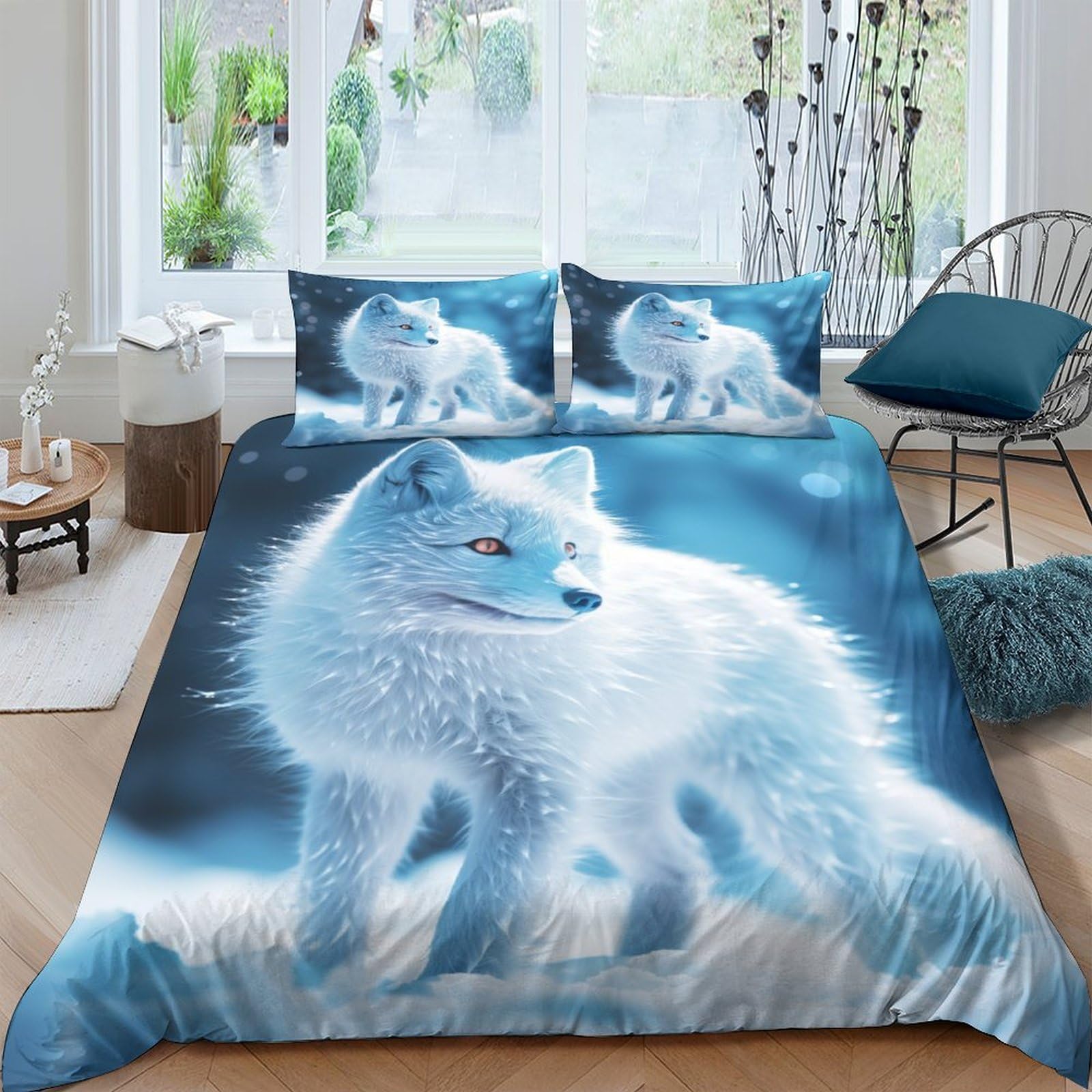 Housse de couette renard arctique parure 3 pièces IOFEER 200x200cm pour lit double