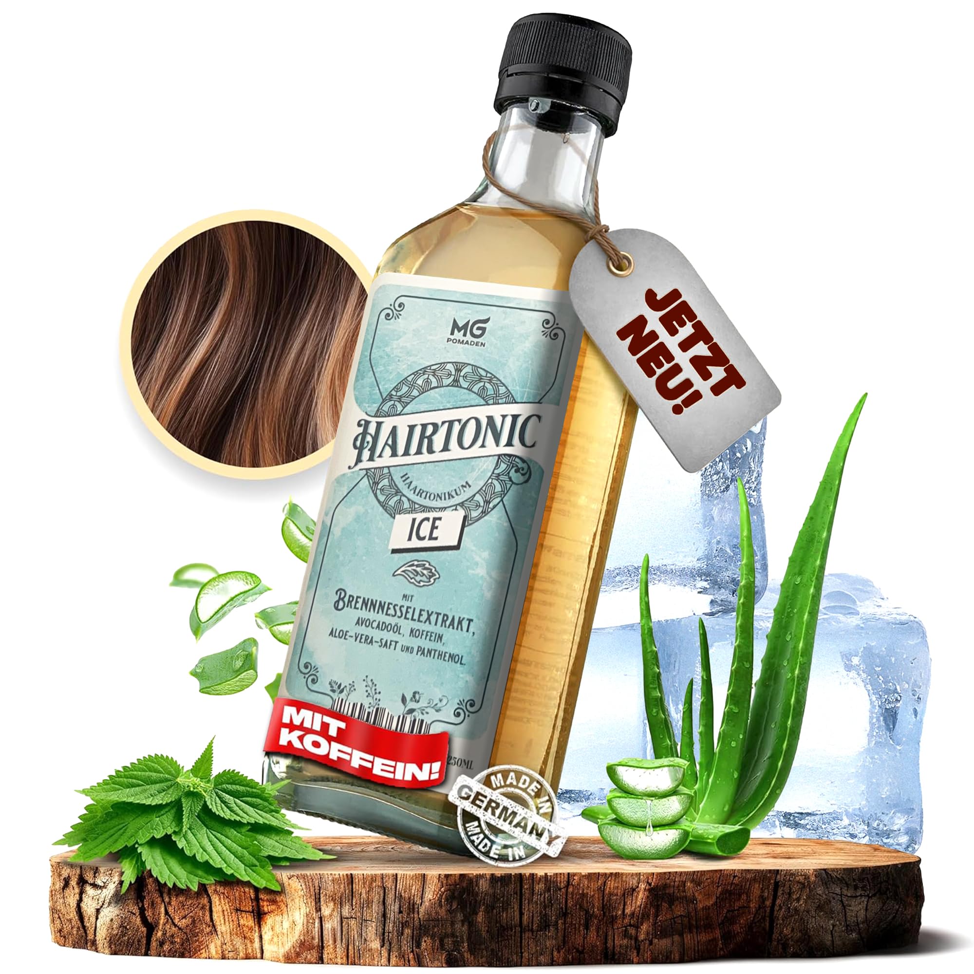 Hairtonic ICE, Kühleffekt durch Menthol, Haartonikum, Haarwasser, pflegend für Haar & Kopfhaut mit Koffein Brennnesselextrakt, Aloe-Vera-Saft, Avocadoöl, Panthenol, Unterstützt Haarwachstum